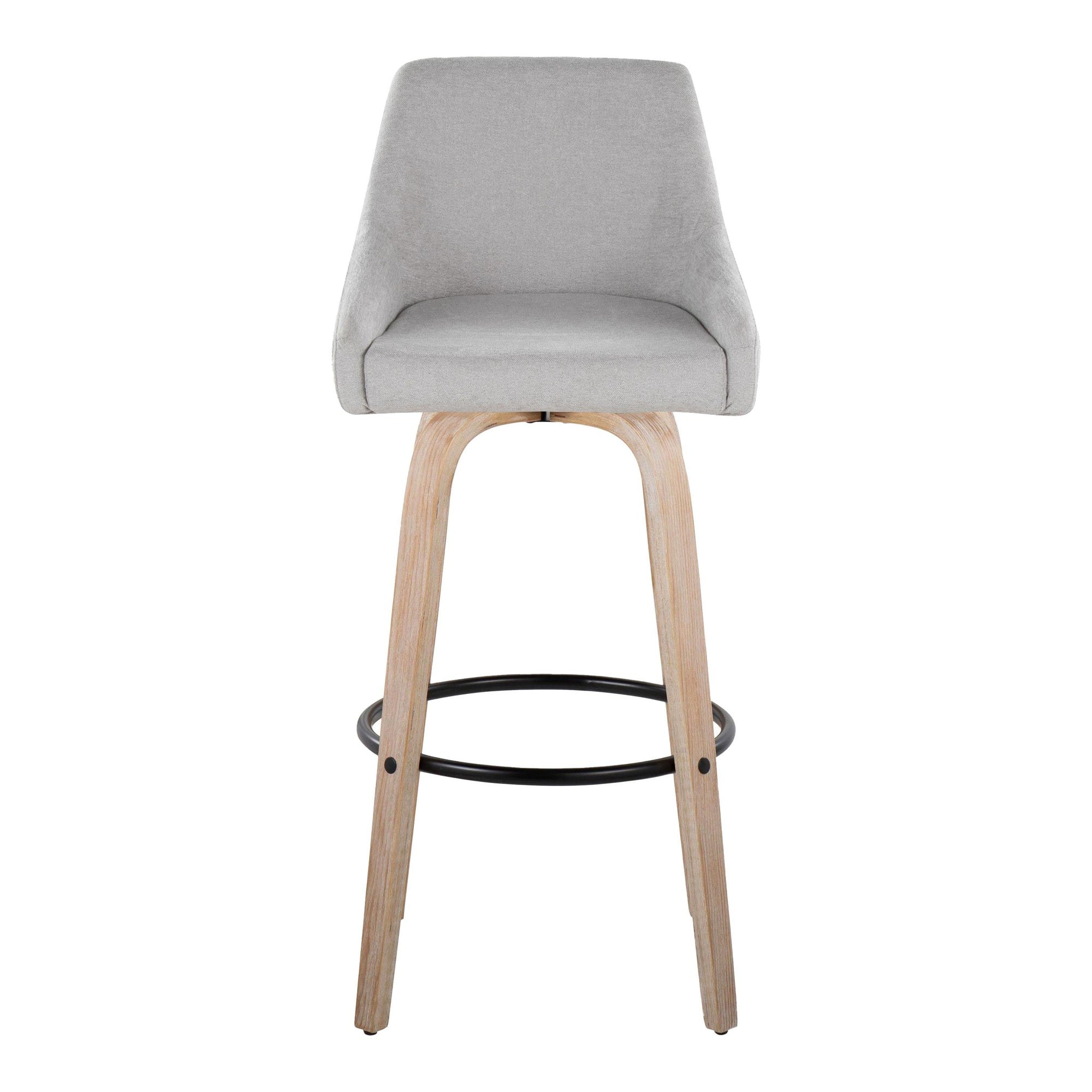 Hannah 30" Fixed-Height Barstool - Set of 2 - Whitewashed Wood, Grey Fabric, Black Metal