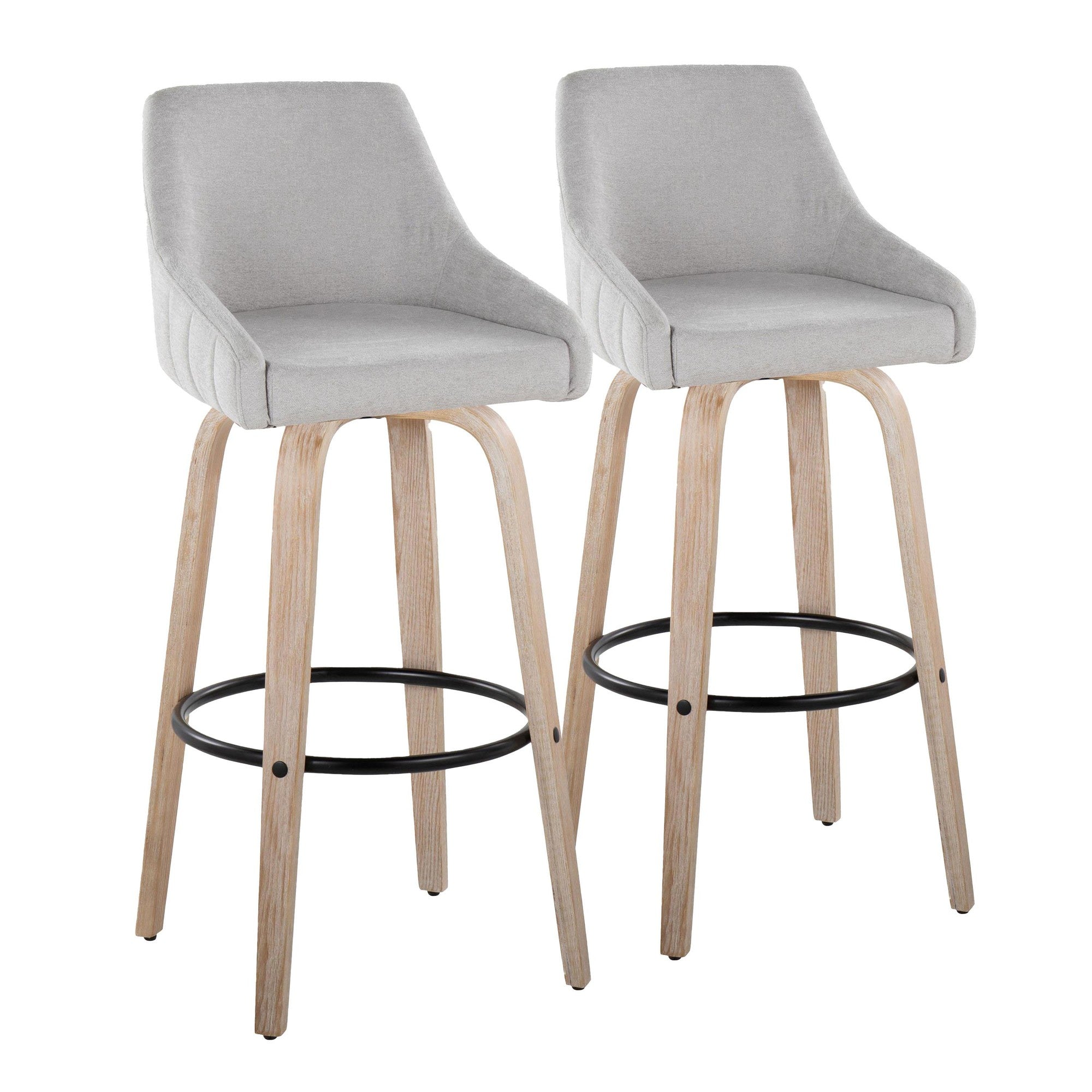 Hannah 30" Fixed-Height Barstool - Set of 2 - Whitewashed Wood, Grey Fabric, Black Metal
