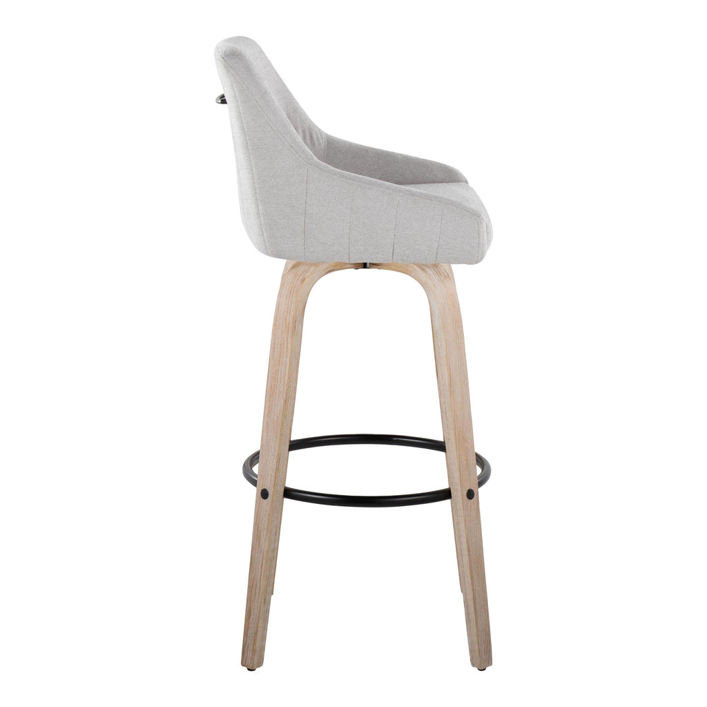 Hannah 30" Fixed-Height Barstool - Set of 2 - Whitewashed Wood, Grey Fabric, Black Metal