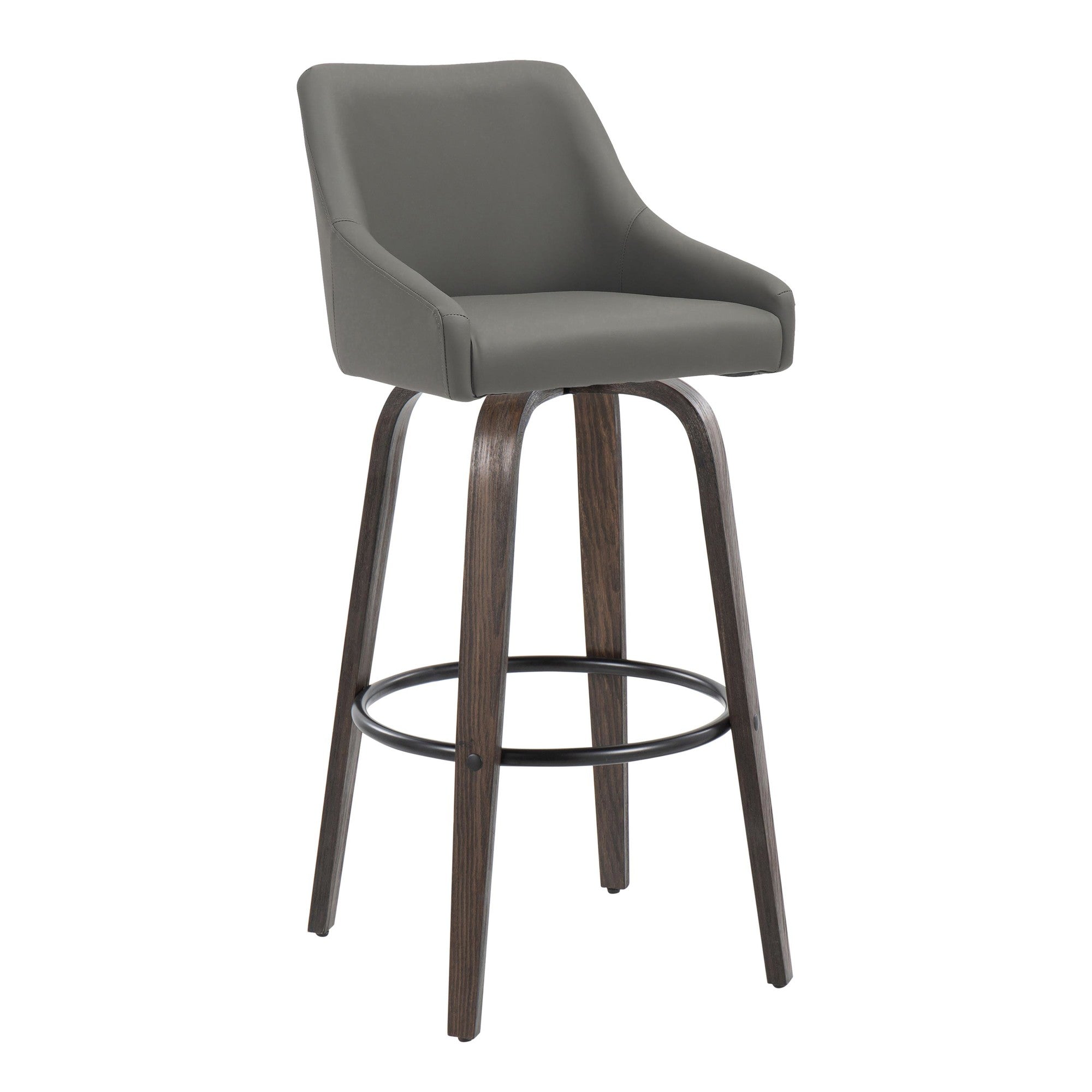 Hannah 30" Fixed-Height Barstool - Set of 2 - Walnut Glazed Wood, Dark Grey PU, Black Metal