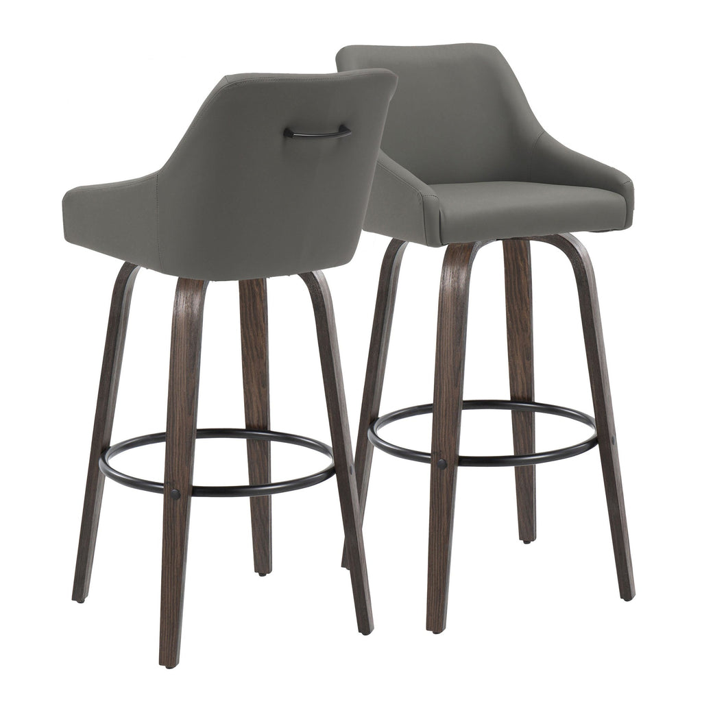 Hannah 30" Fixed-Height Barstool - Set of 2 - Walnut Glazed Wood, Dark Grey PU, Black Metal