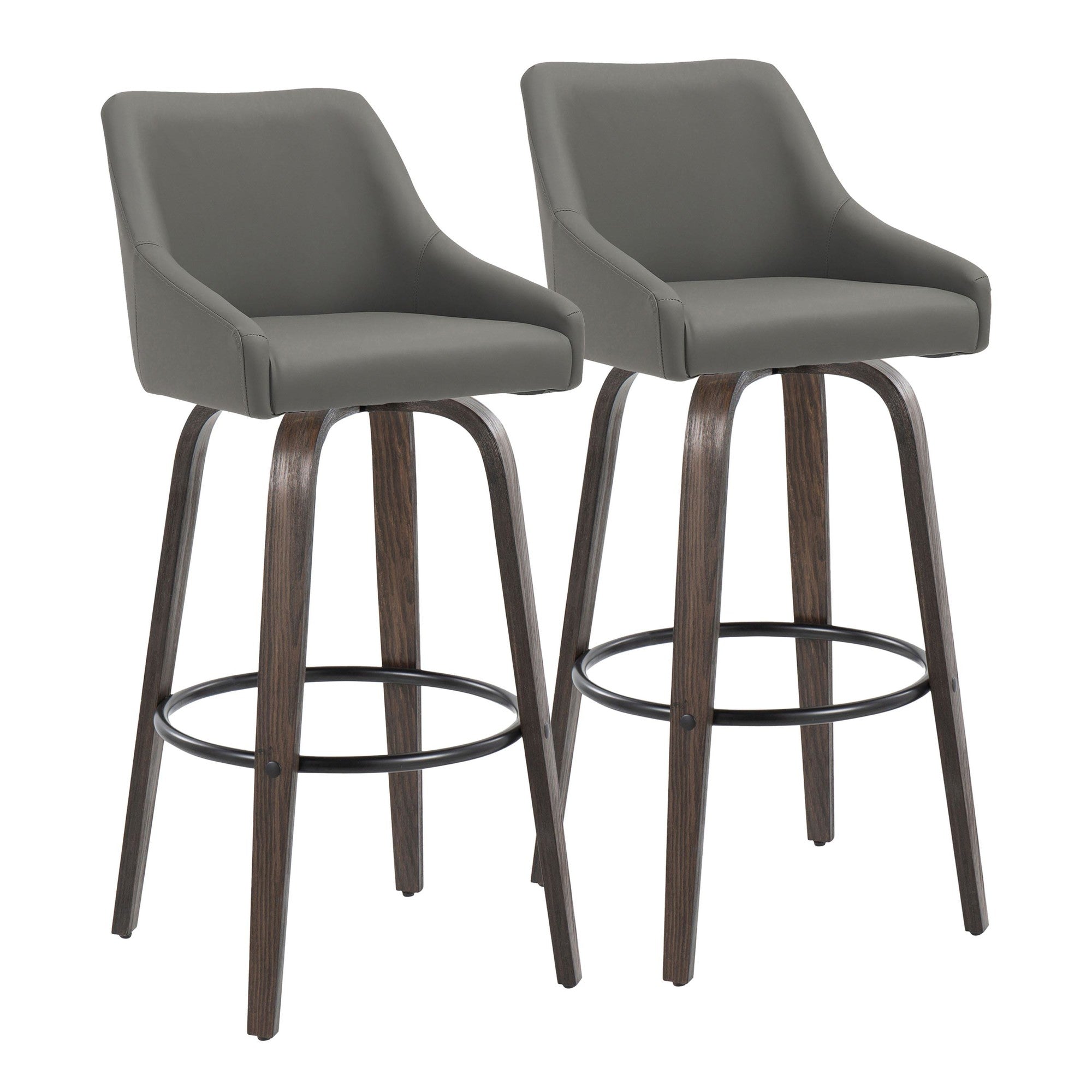 Hannah 30" Fixed-Height Barstool - Set of 2 - Walnut Glazed Wood, Dark Grey PU, Black Metal