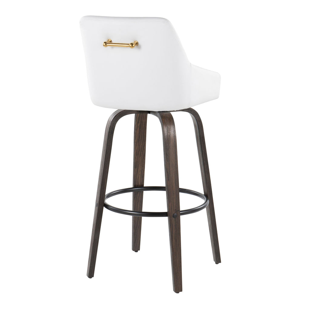 Hannah 30" Fixed-Height Barstool - Set of 2 - Walnut Glazed Wood, White PU, Gold Metal, Black Metal