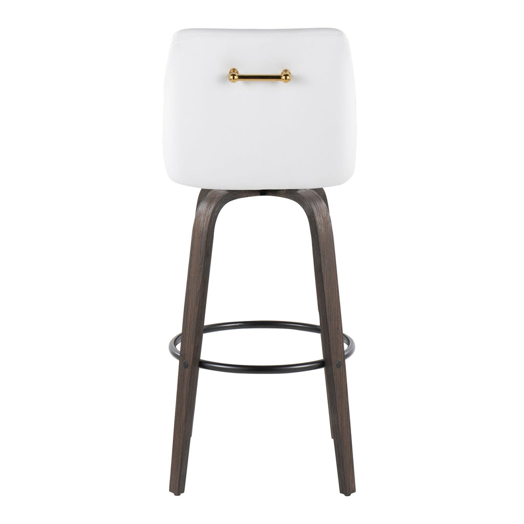 Hannah 30" Fixed-Height Barstool - Set of 2 - Walnut Glazed Wood, White PU, Gold Metal, Black Metal