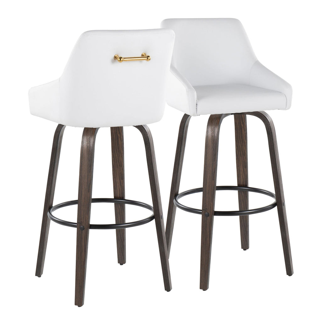 Hannah 30" Fixed-Height Barstool - Set of 2 - Walnut Glazed Wood, White PU, Gold Metal, Black Metal