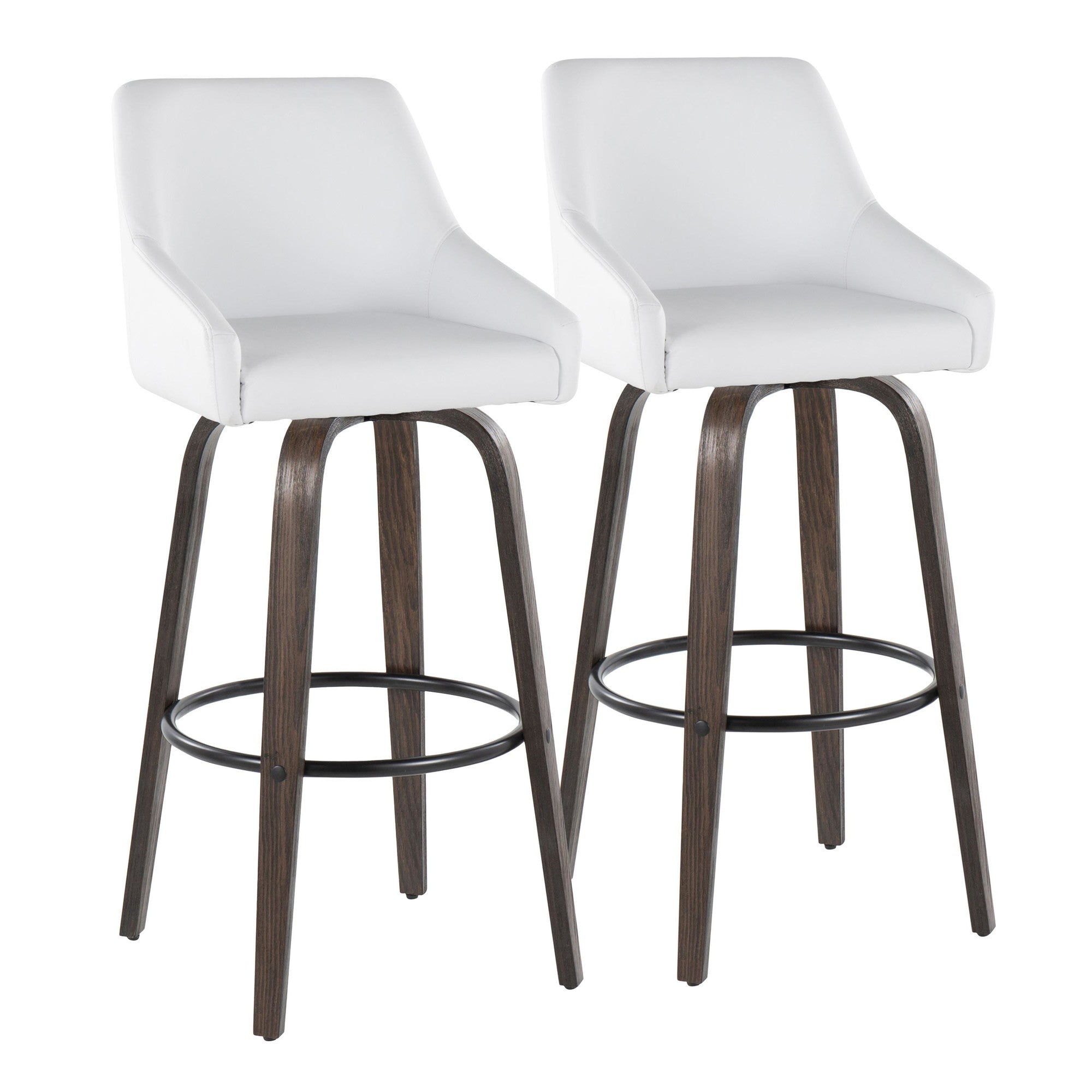 Hannah 30" Fixed-Height Barstool - Set of 2 - Walnut Glazed Wood, White PU, Gold Metal, Black Metal