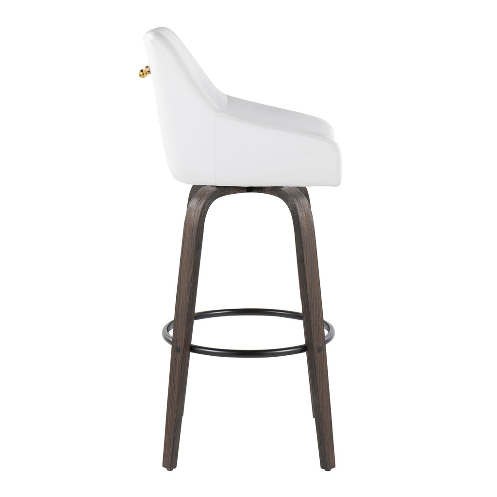 Hannah 30" Fixed-Height Barstool - Set of 2 - Walnut Glazed Wood, White PU, Gold Metal, Black Metal
