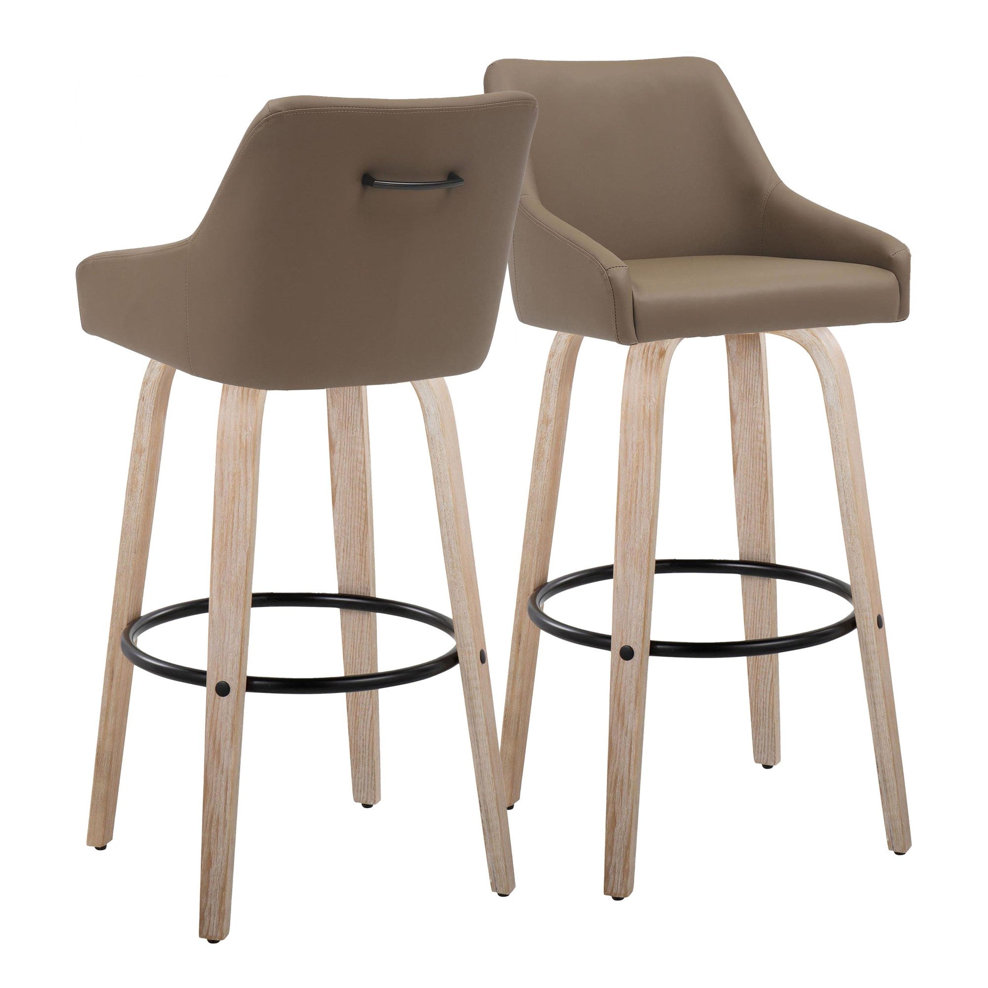Hannah 30" Fixed-Height Barstool - Set of 2 - Whitewashed Wood, Brown PU, Black Metal