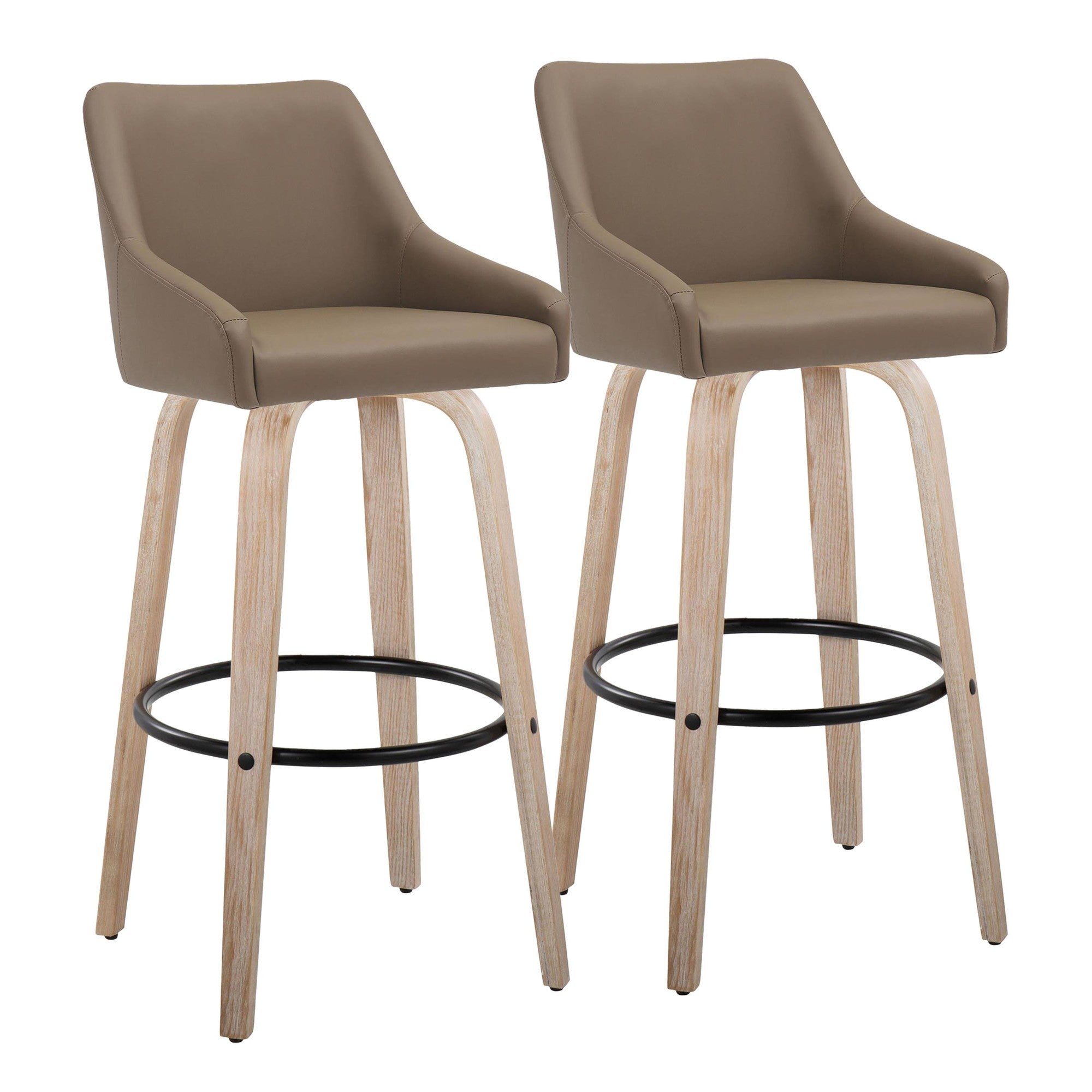 Hannah 30" Fixed-Height Barstool - Set of 2 - Whitewashed Wood, Brown PU, Black Metal