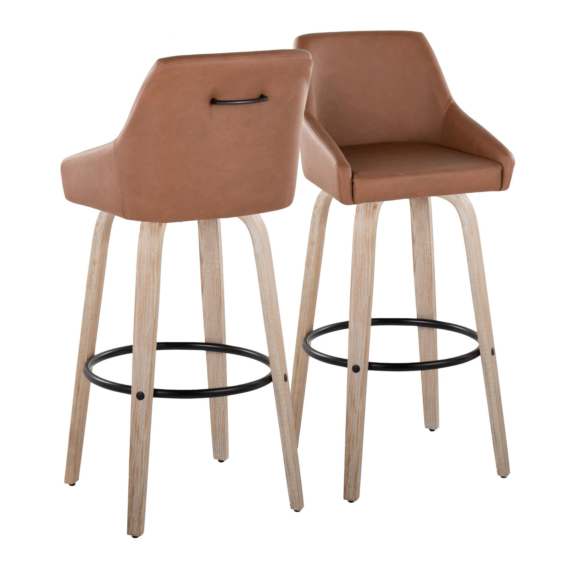 Hannah 30" Fixed-Height Barstool - Set of 2 - Whitewashed Wood, Camel PU, Black Metal