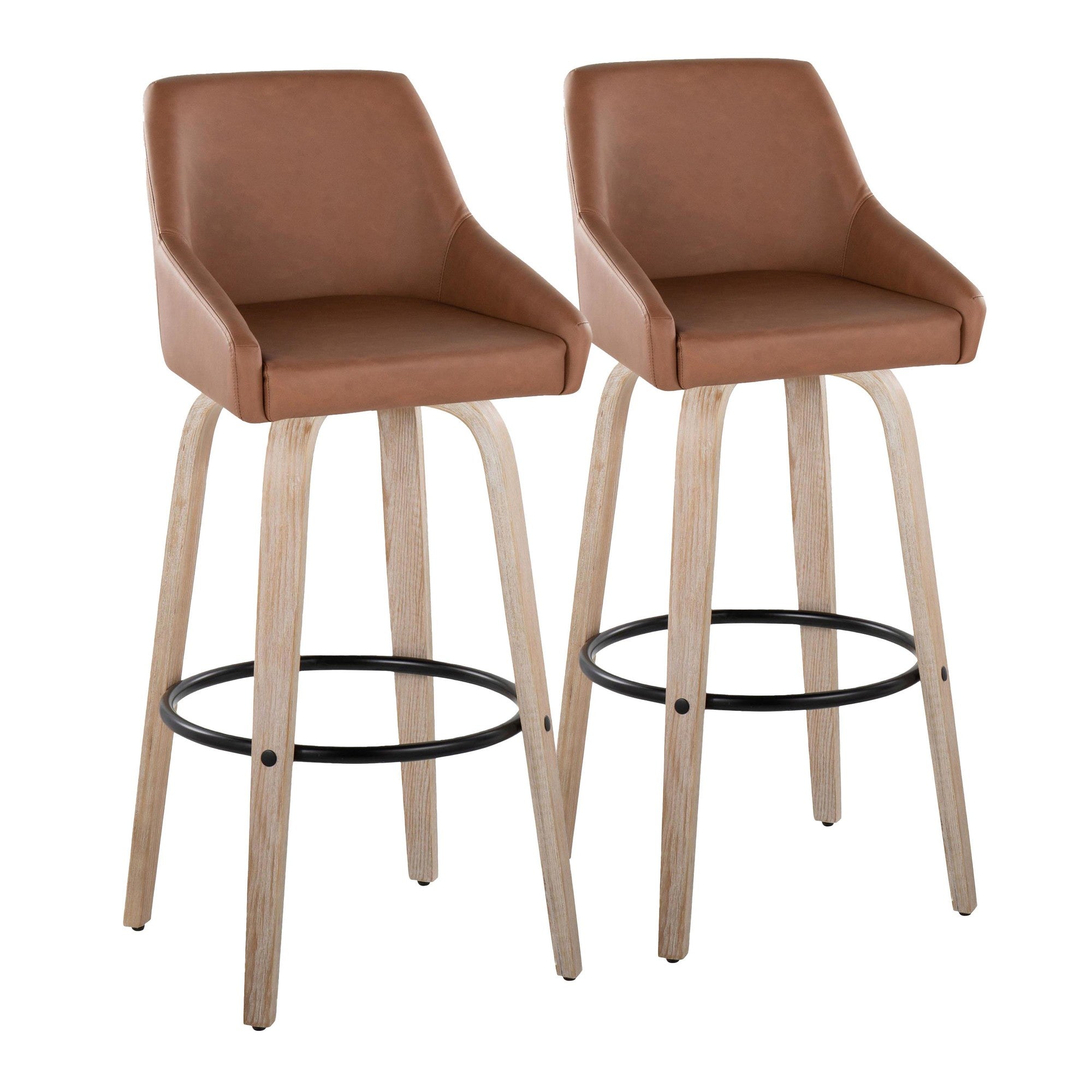 Hannah 30" Fixed-Height Barstool - Set of 2 - Whitewashed Wood, Camel PU, Black Metal