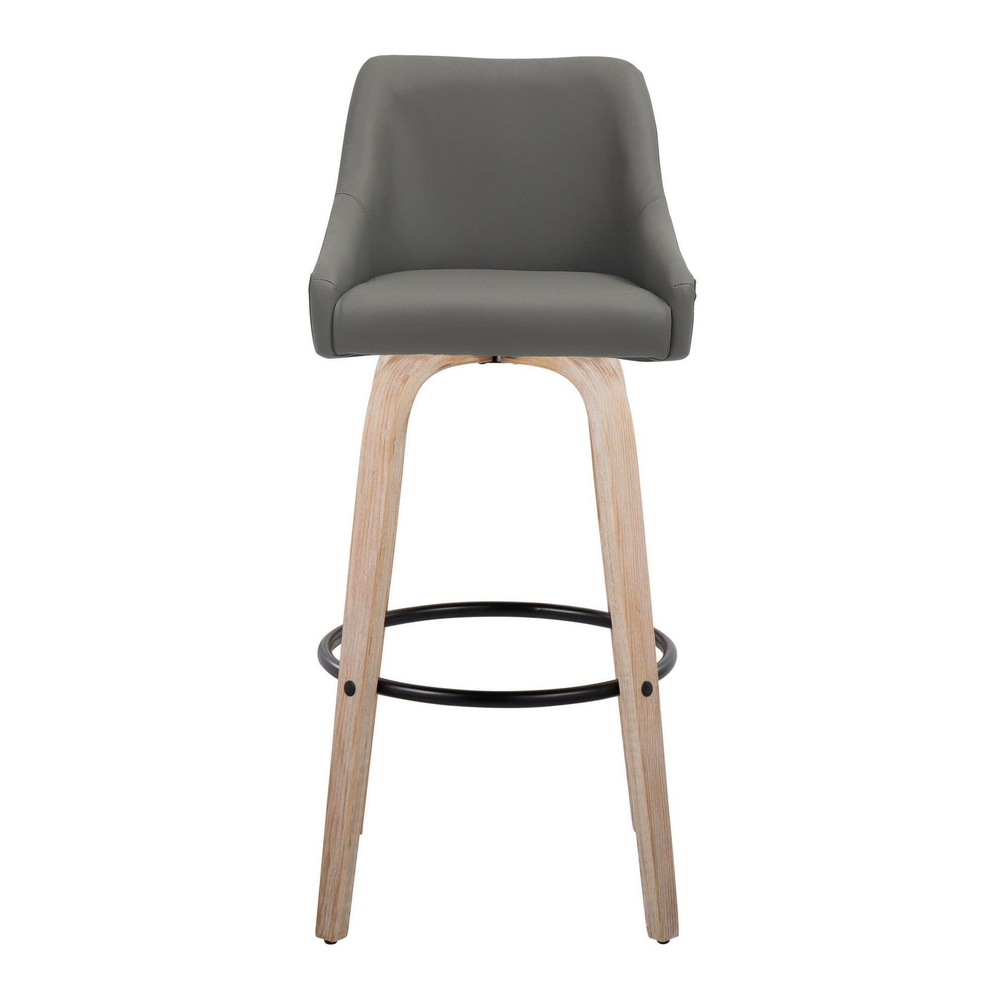 Hannah 30" Fixed-Height Barstool - Set of 2 - Whitewashed Wood, Dark Grey PU, Black Metal