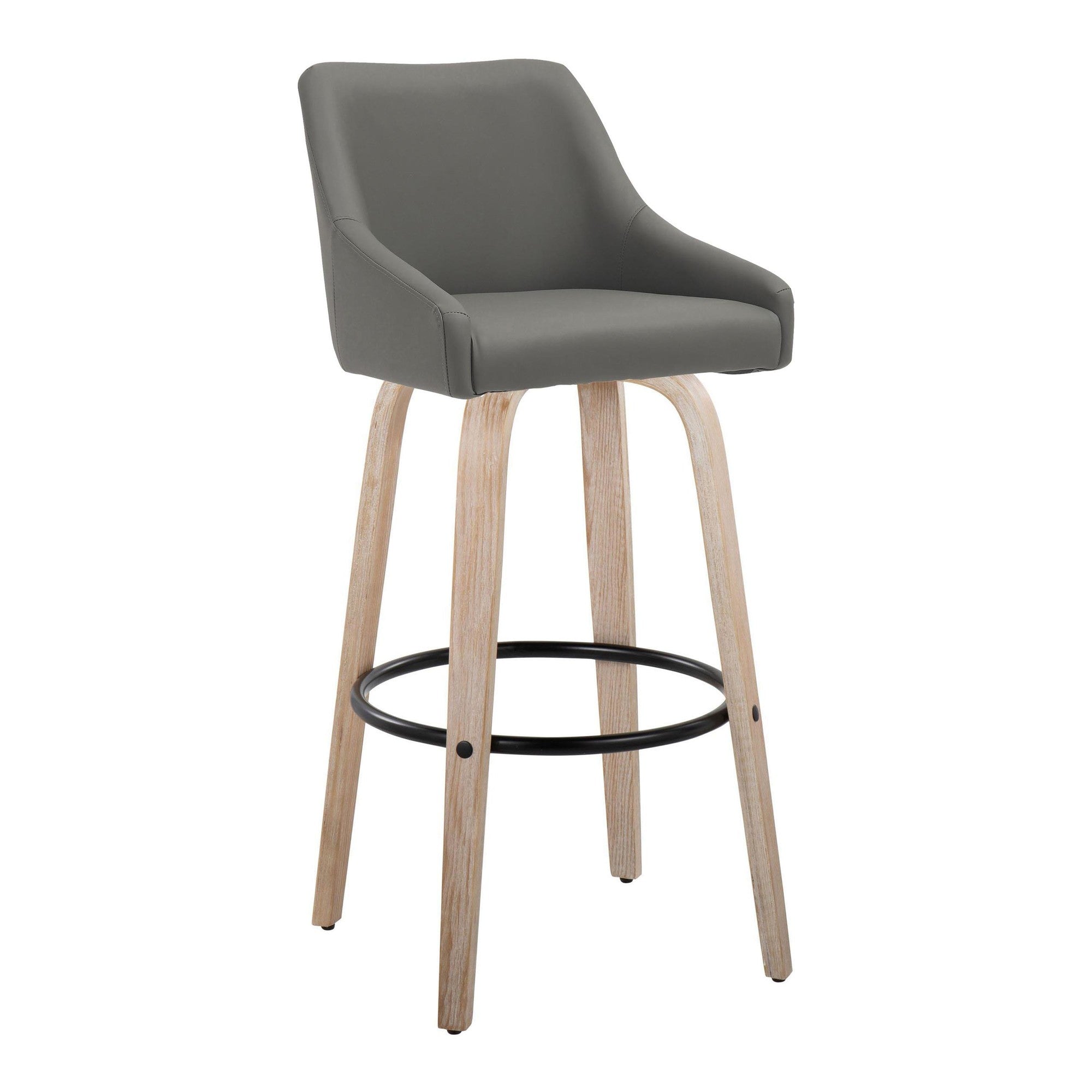 Hannah 30" Fixed-Height Barstool - Set of 2 - Whitewashed Wood, Dark Grey PU, Black Metal
