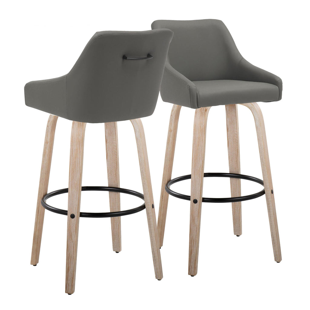 Hannah 30" Fixed-Height Barstool - Set of 2 - Whitewashed Wood, Dark Grey PU, Black Metal