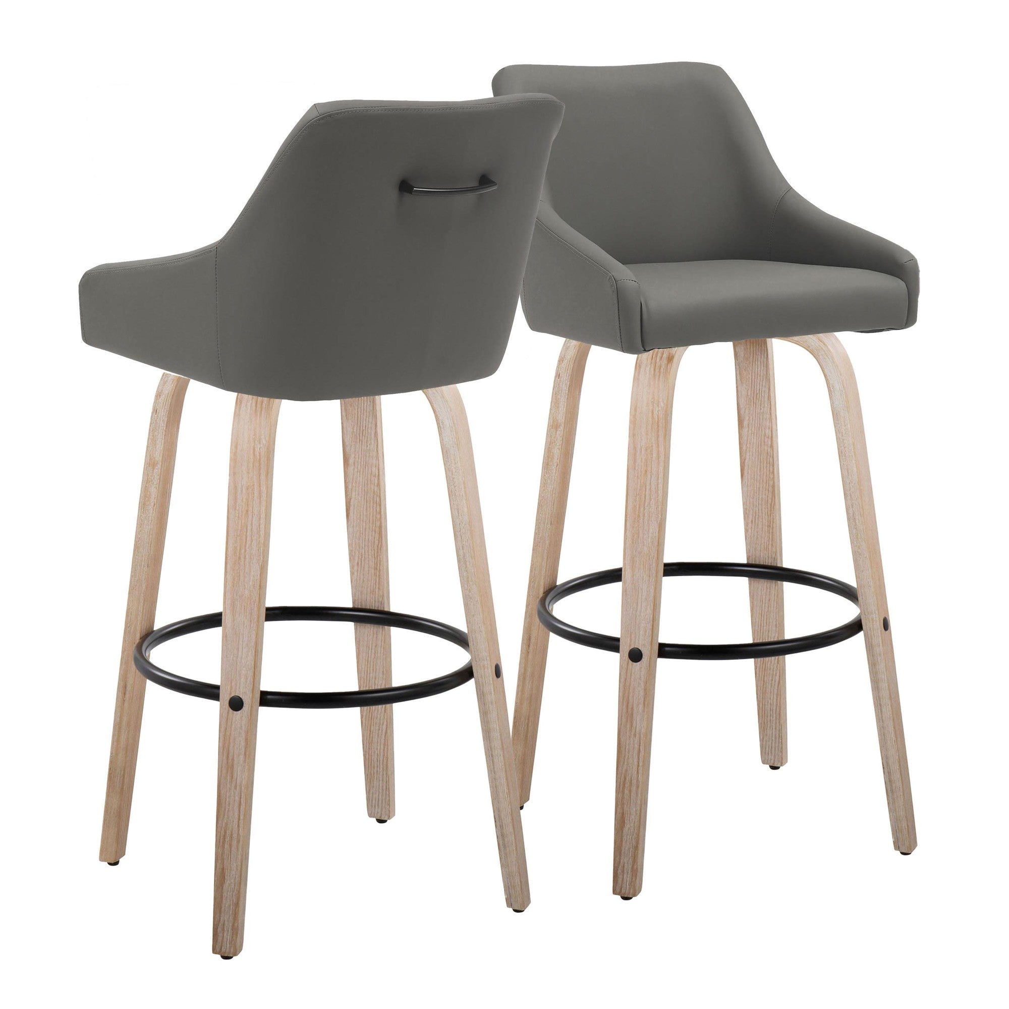 Hannah 30" Fixed-Height Barstool - Set of 2 - Whitewashed Wood, Dark Grey PU, Black Metal