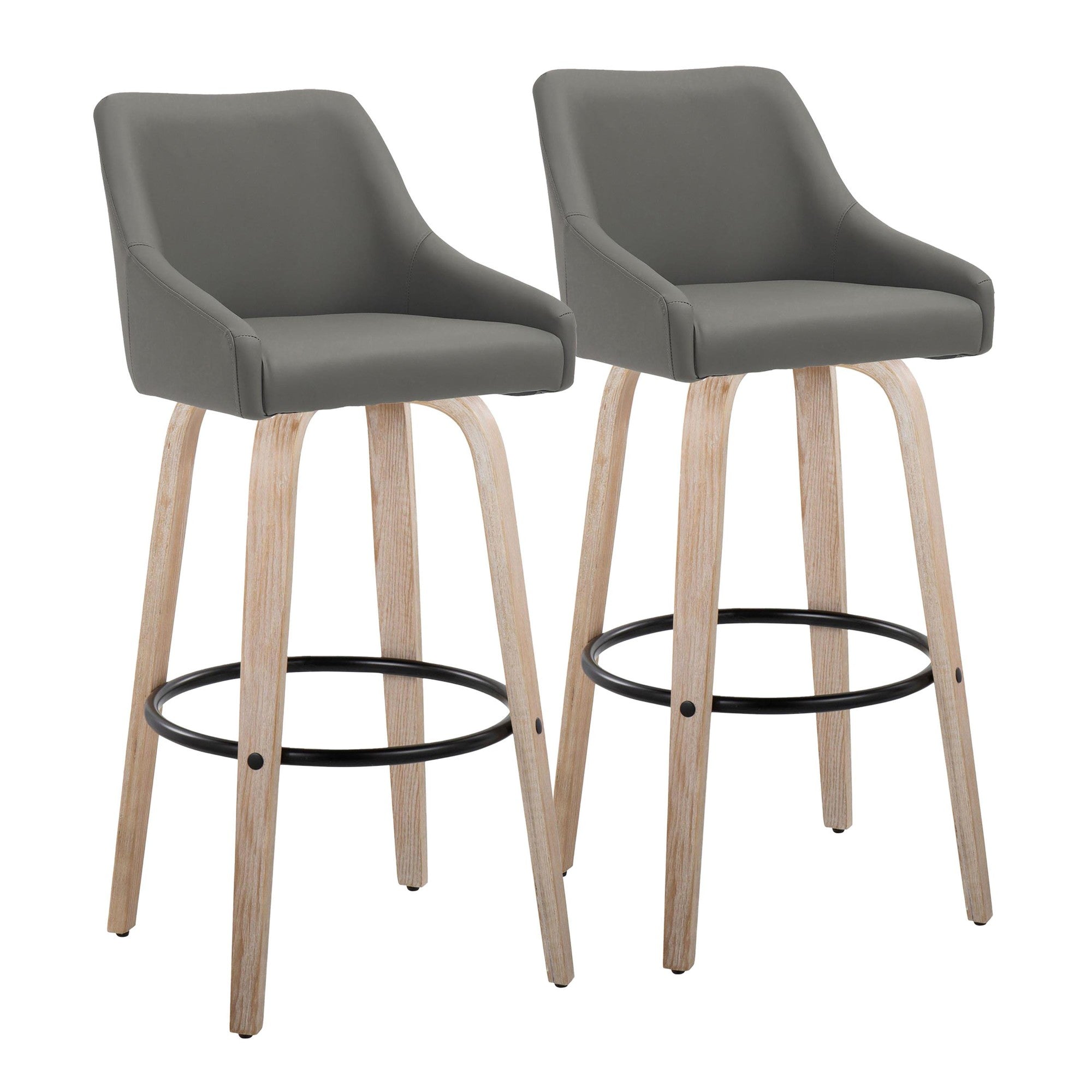 Hannah 30" Fixed-Height Barstool - Set of 2 - Whitewashed Wood, Dark Grey PU, Black Metal