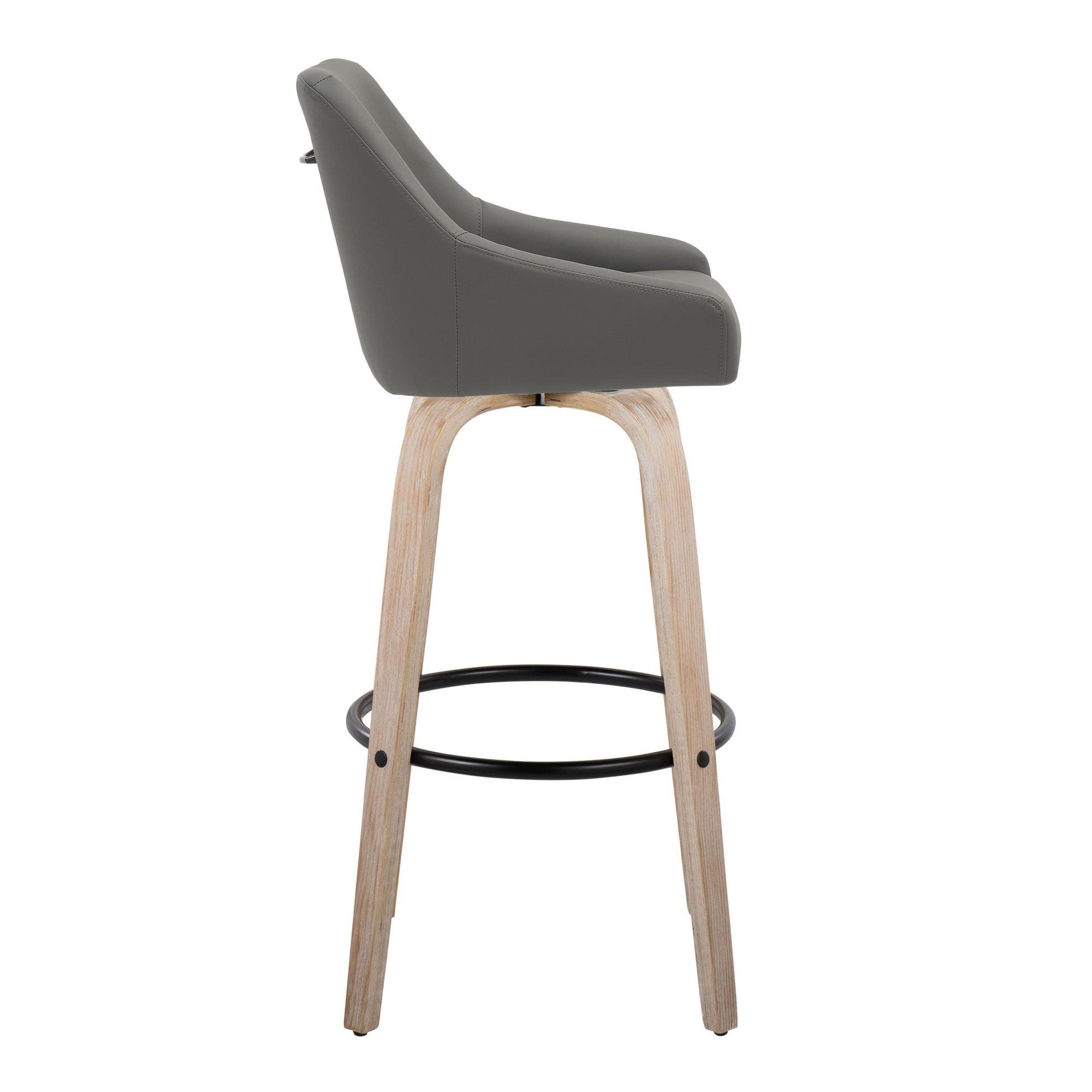 Hannah 30" Fixed-Height Barstool - Set of 2 - Whitewashed Wood, Dark Grey PU, Black Metal