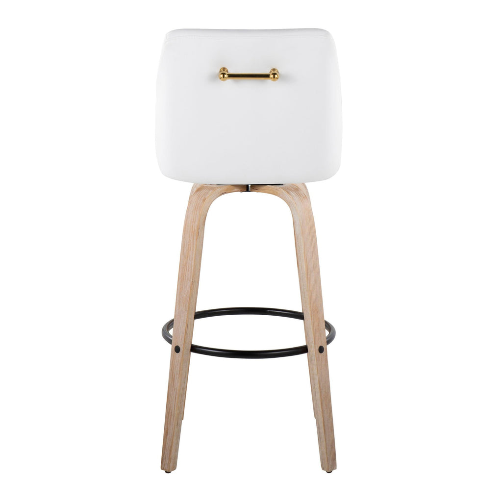 Hannah 30" Fixed-Height Barstool - Set of 2 - Whitewashed Wood, White PU, Gold Metal, Black Metal