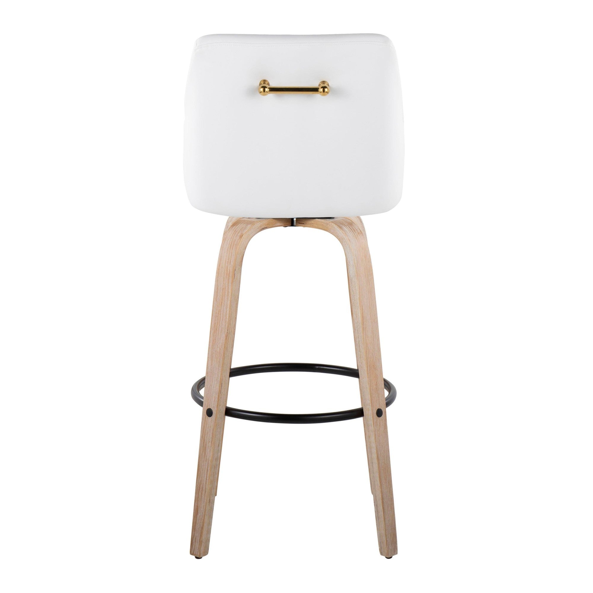 Hannah 30" Fixed-Height Barstool - Set of 2 - Whitewashed Wood, White PU, Gold Metal, Black Metal
