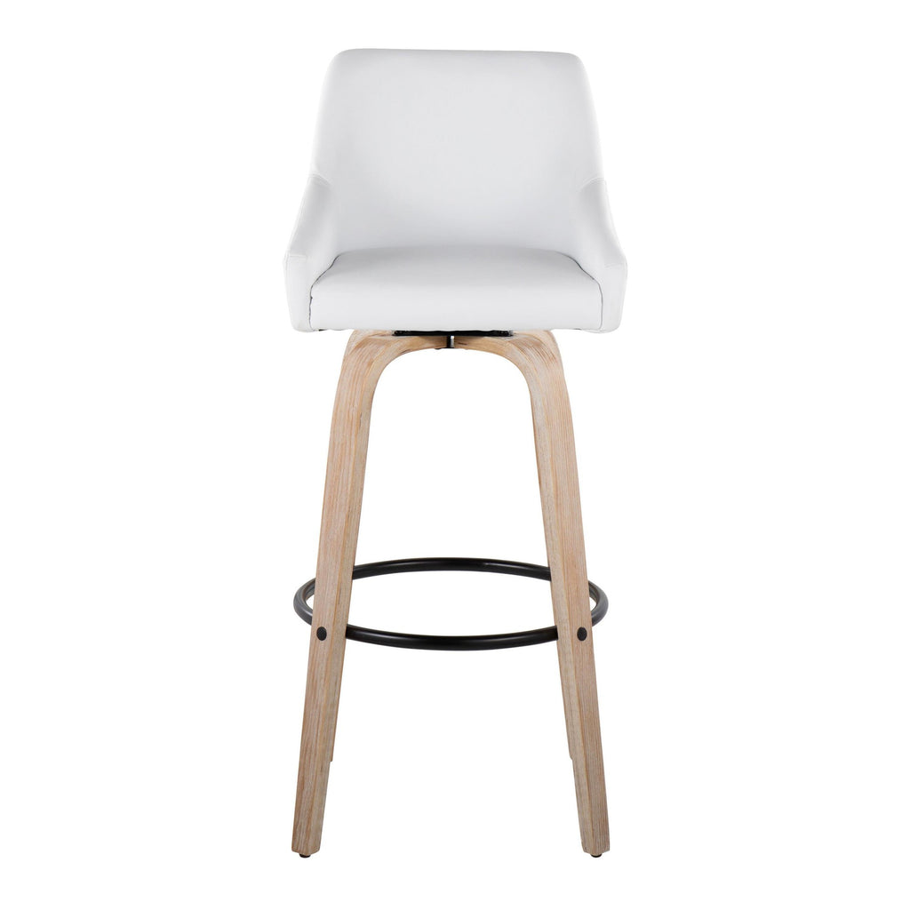 Hannah 30" Fixed-Height Barstool - Set of 2 - Whitewashed Wood, White PU, Gold Metal, Black Metal