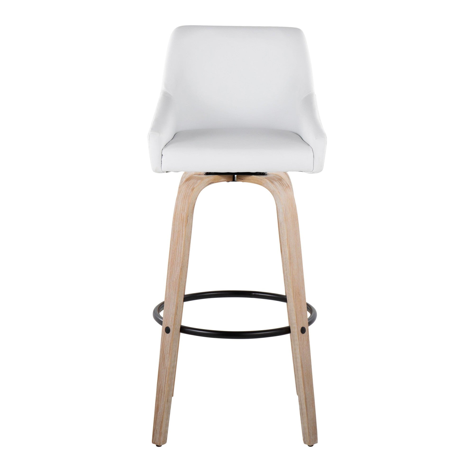 Hannah 30" Fixed-Height Barstool - Set of 2 - Whitewashed Wood, White PU, Gold Metal, Black Metal