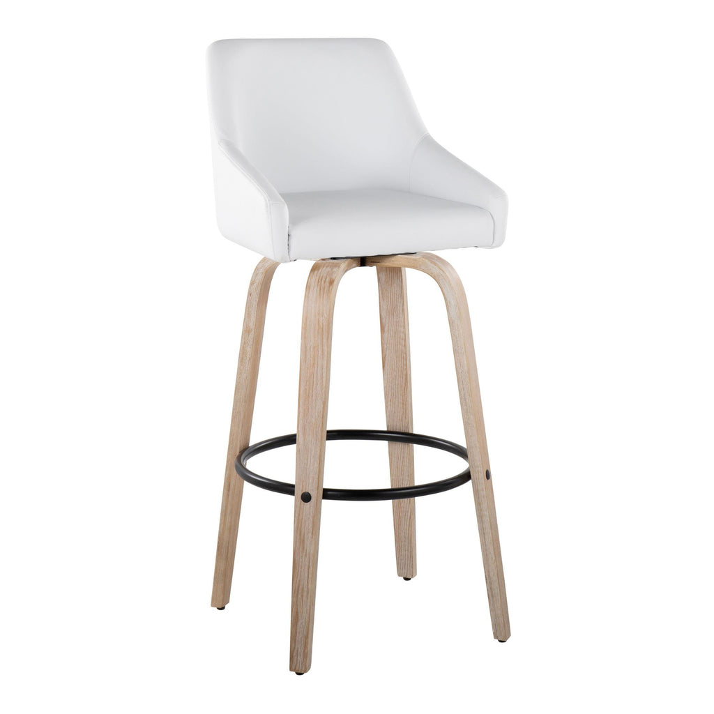 Hannah 30" Fixed-Height Barstool - Set of 2 - Whitewashed Wood, White PU, Gold Metal, Black Metal