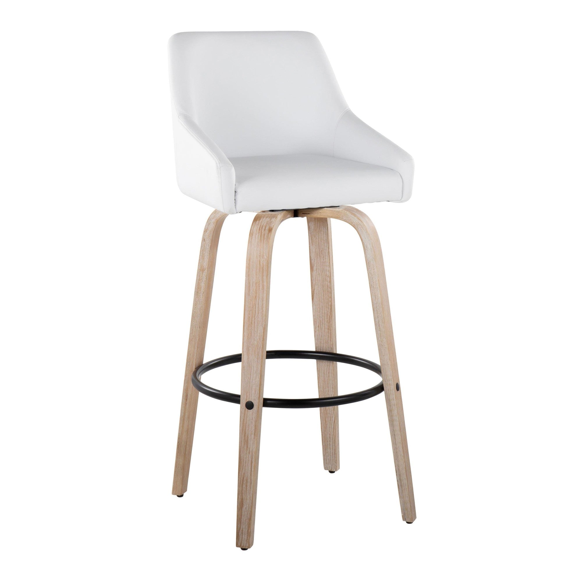 Hannah 30" Fixed-Height Barstool - Set of 2 - Whitewashed Wood, White PU, Gold Metal, Black Metal
