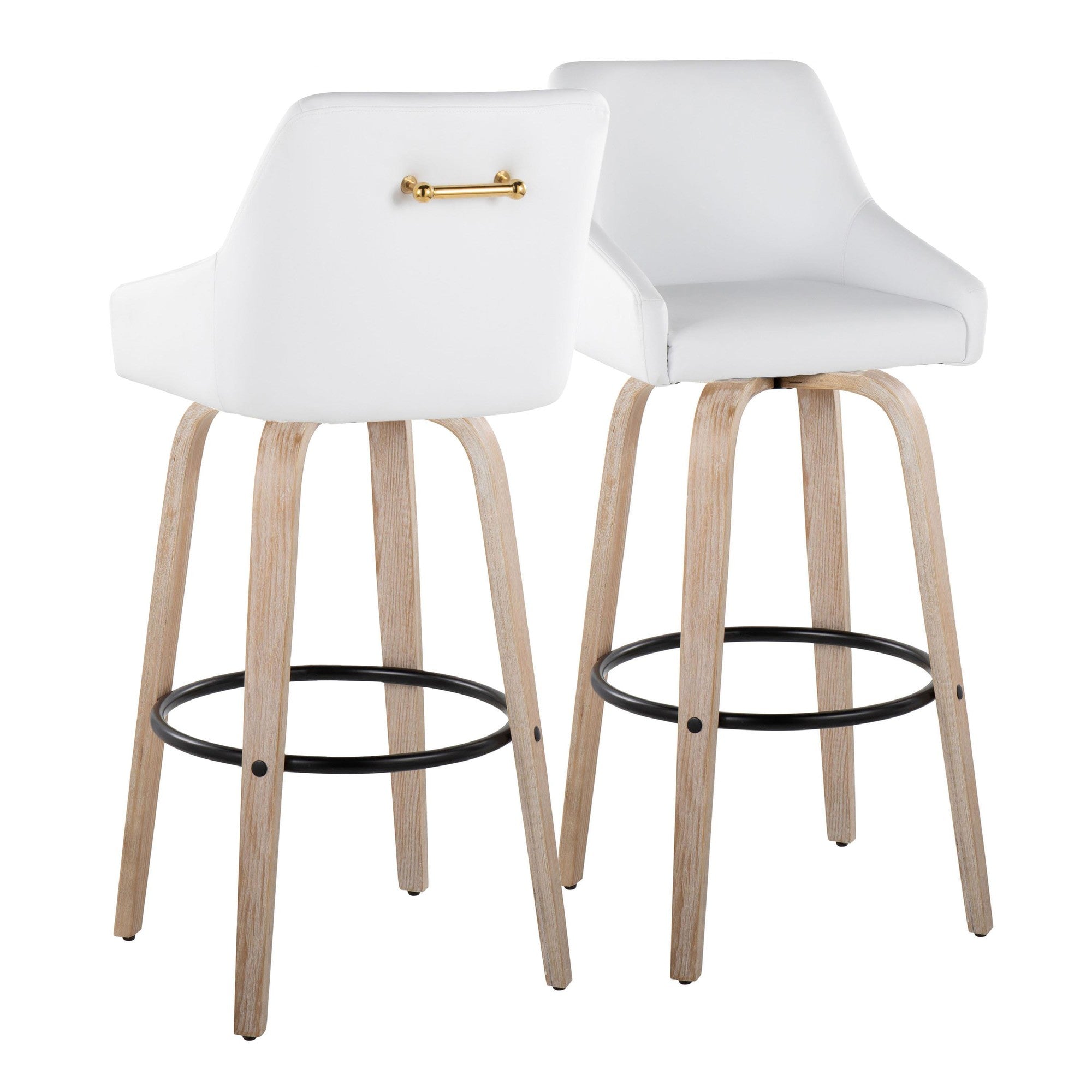 Hannah 30" Fixed-Height Barstool - Set of 2 - Whitewashed Wood, White PU, Gold Metal, Black Metal