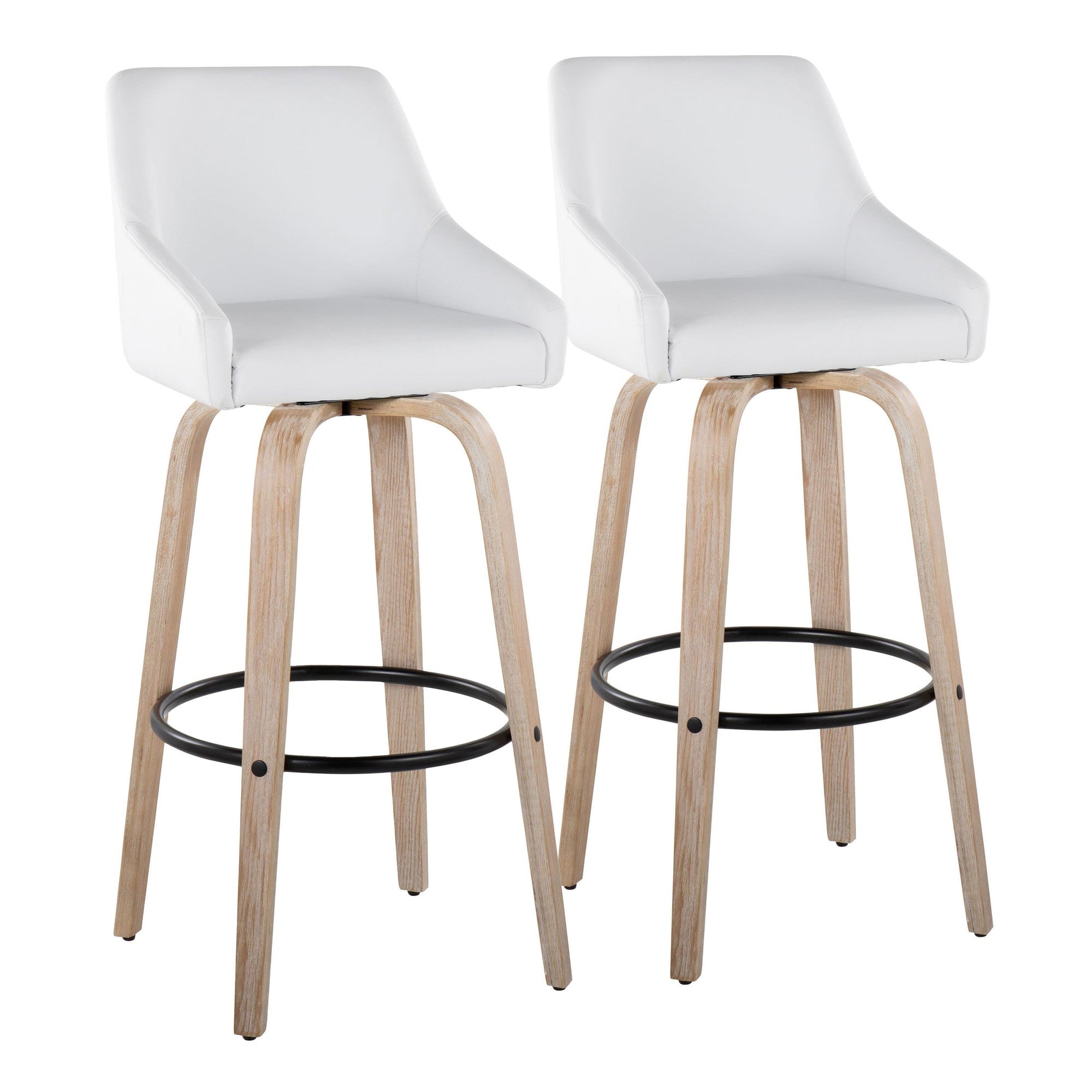 Hannah 30" Fixed-Height Barstool - Set of 2 - Whitewashed Wood, White PU, Gold Metal, Black Metal
