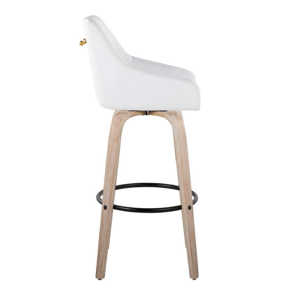 Hannah 30" Fixed-Height Barstool - Set of 2 - Whitewashed Wood, White PU, Gold Metal, Black Metal
