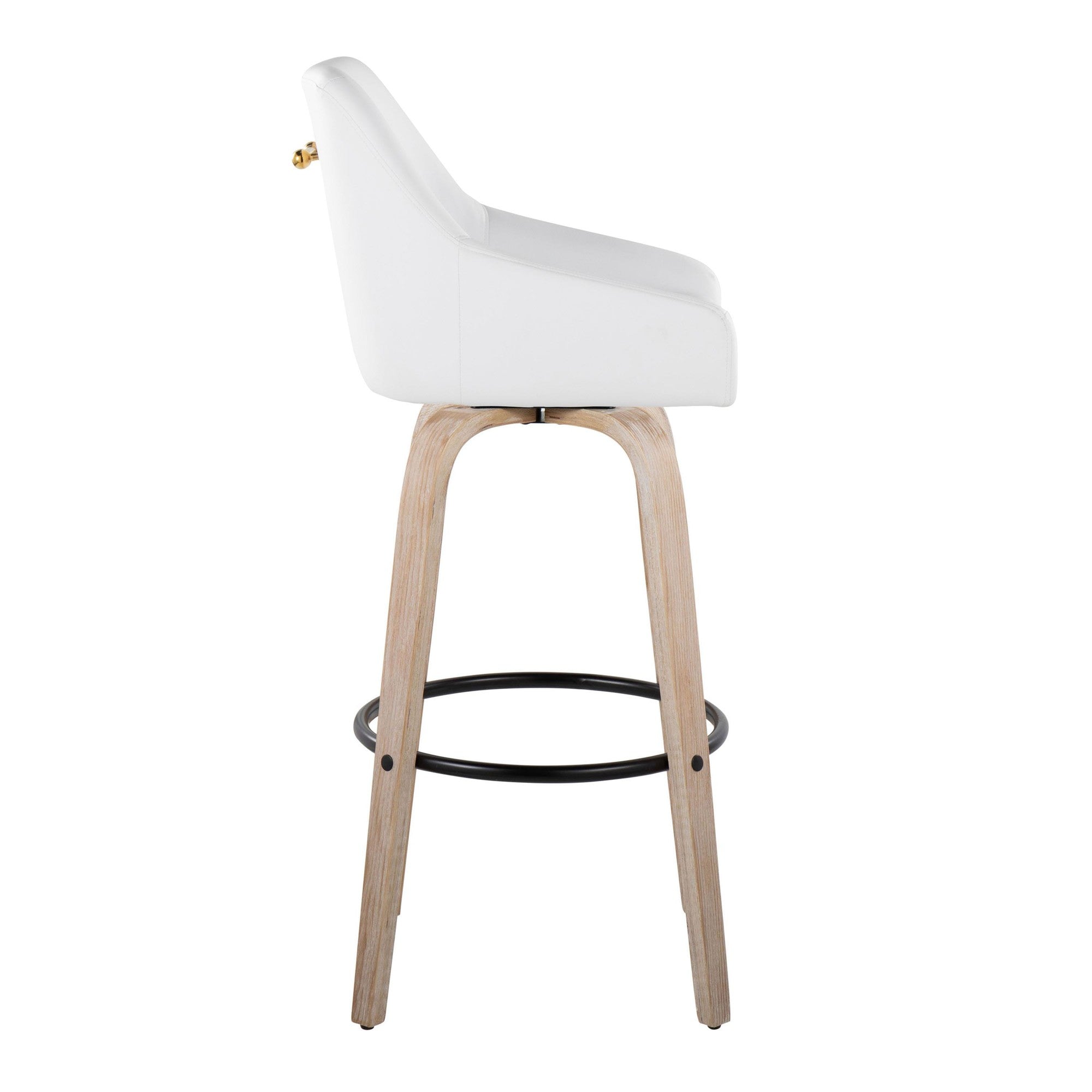 Hannah 30" Fixed-Height Barstool - Set of 2 - Whitewashed Wood, White PU, Gold Metal, Black Metal