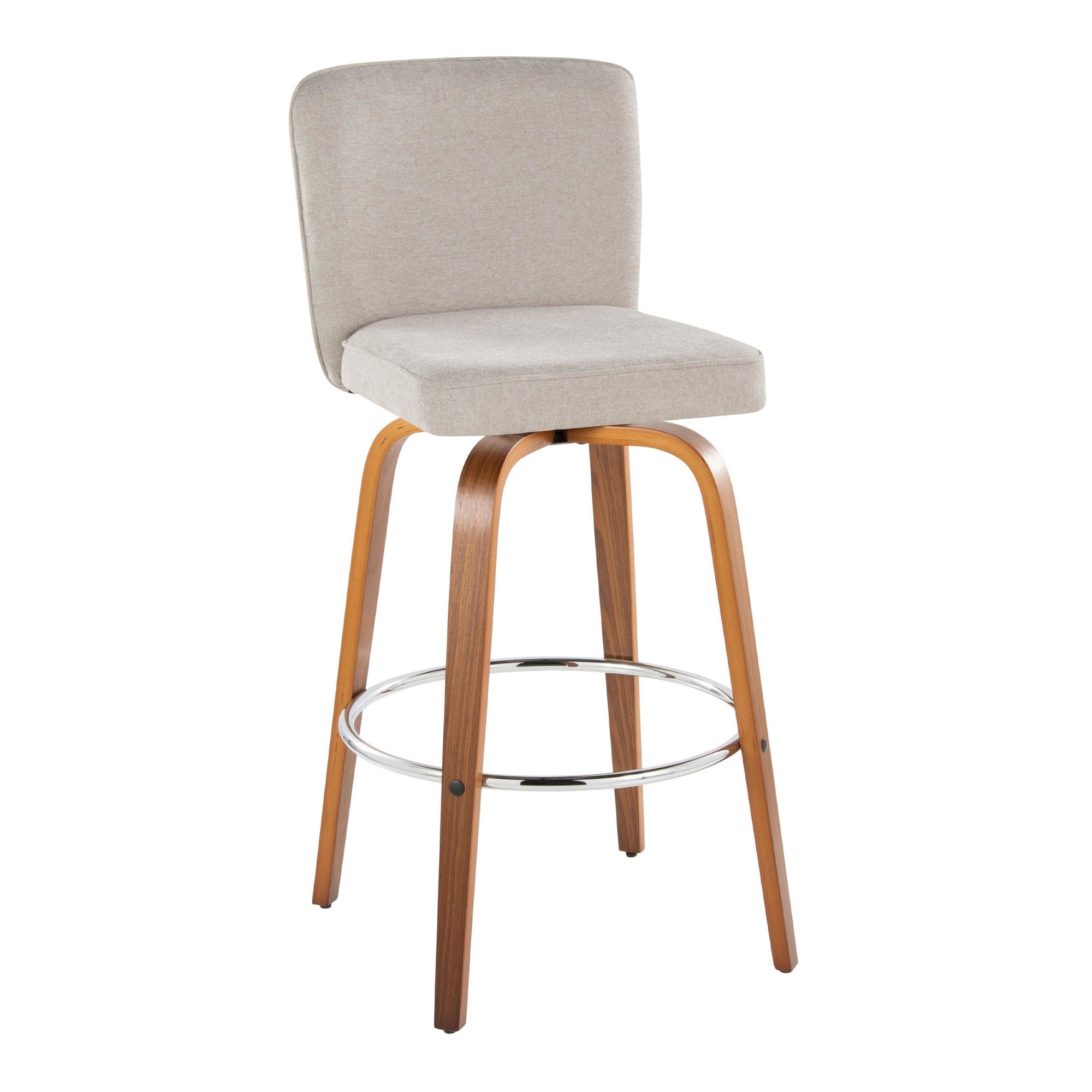Henry 30" Fixed-Height Xl Barstool - Set of 2 - Walnut Wood, Beige Fabric, Chrome Metal