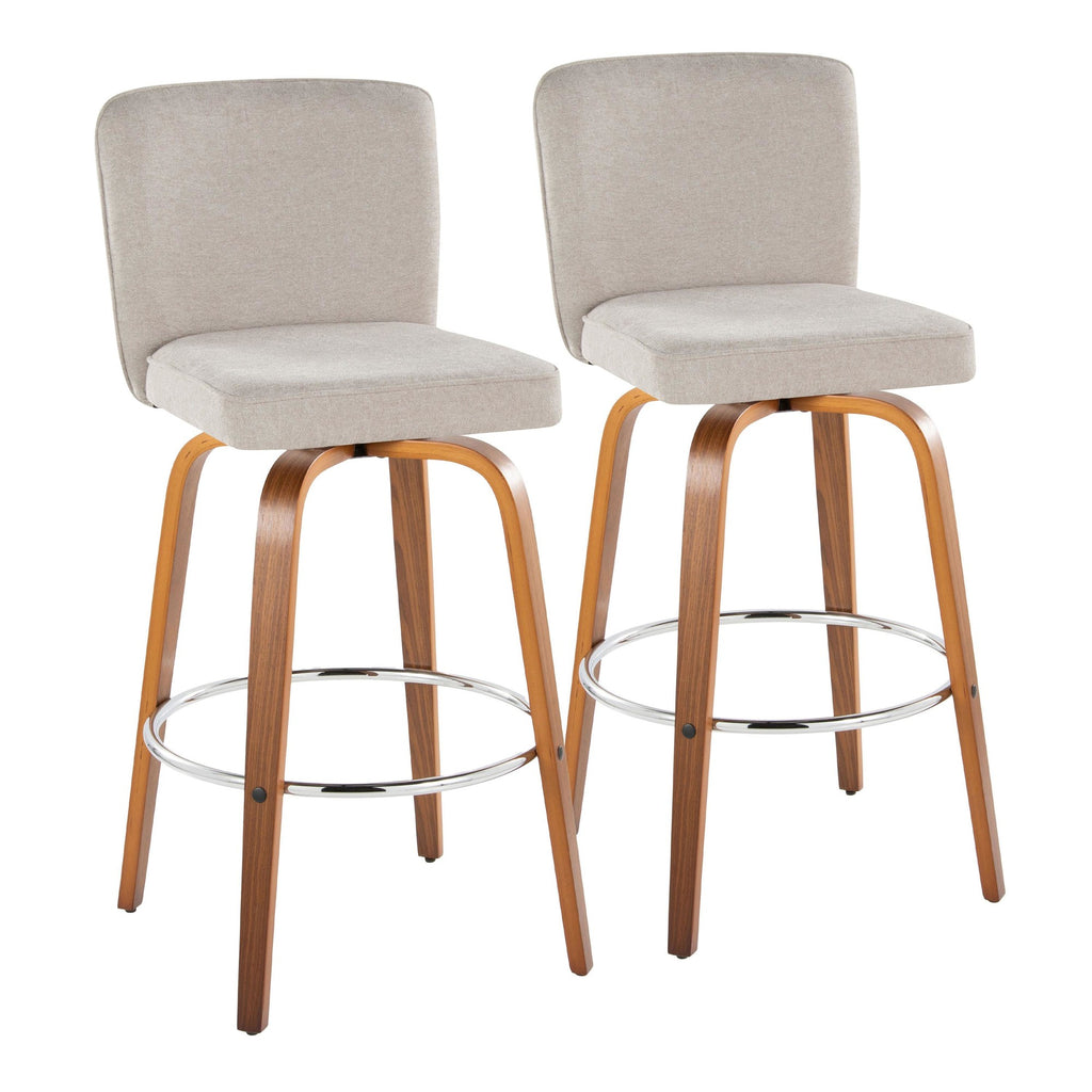 Henry 30" Fixed-Height Xl Barstool - Set of 2 - Walnut Wood, Beige Fabric, Chrome Metal
