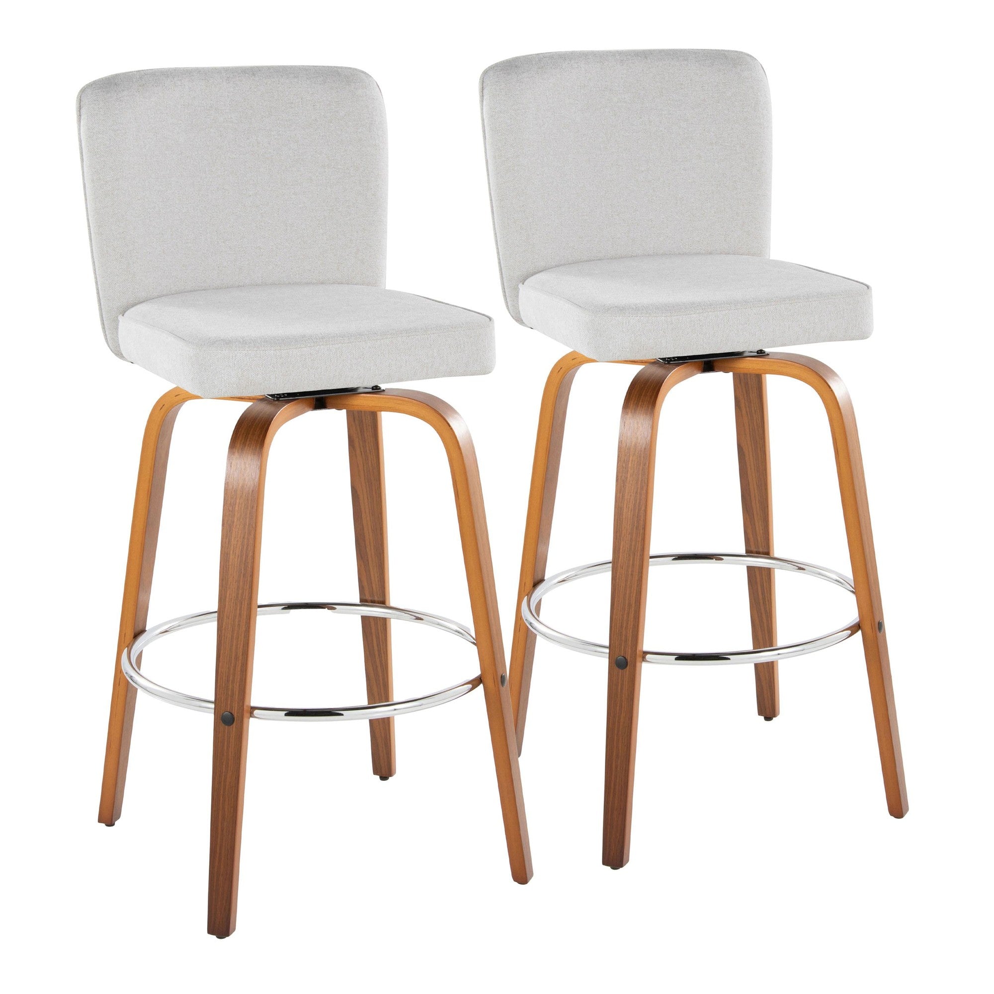 Henry 30" Fixed-Height Xl Barstool - Set of 2 - Walnut Wood, White Fabric, Chrome Metal
