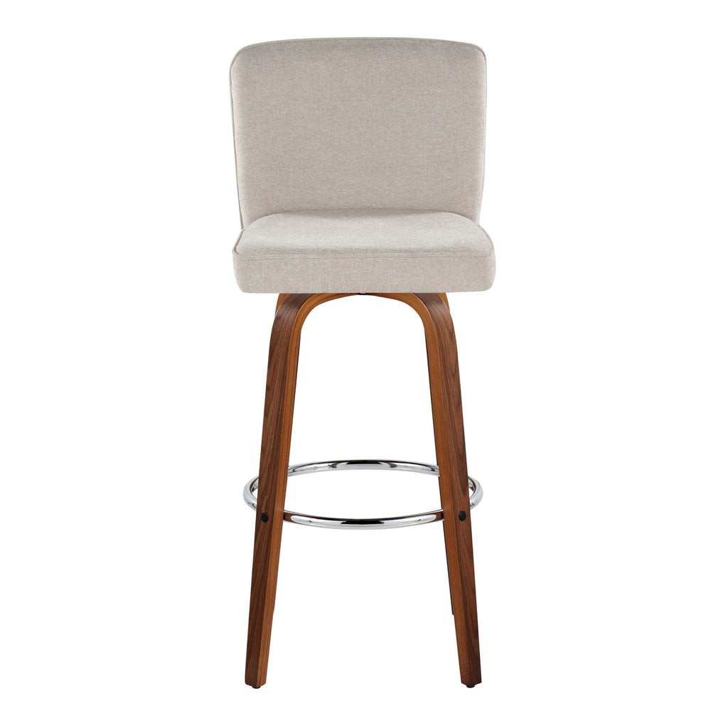 Henry 30" Fixed-Height Barstool - Set of 2 - Walnut Wood, Beige Fabric, Chrome Metal