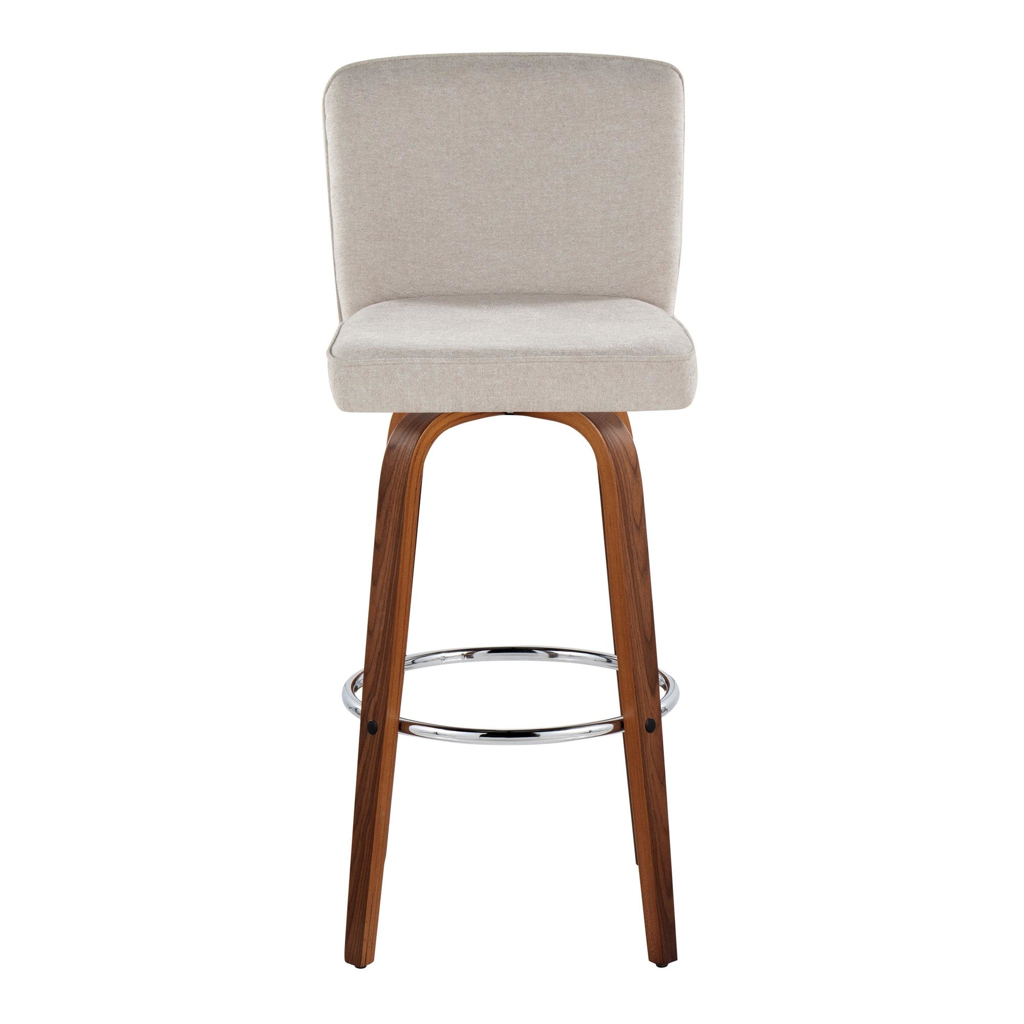 Henry 30" Fixed-Height Barstool - Set of 2 - Walnut Wood, Beige Fabric, Chrome Metal