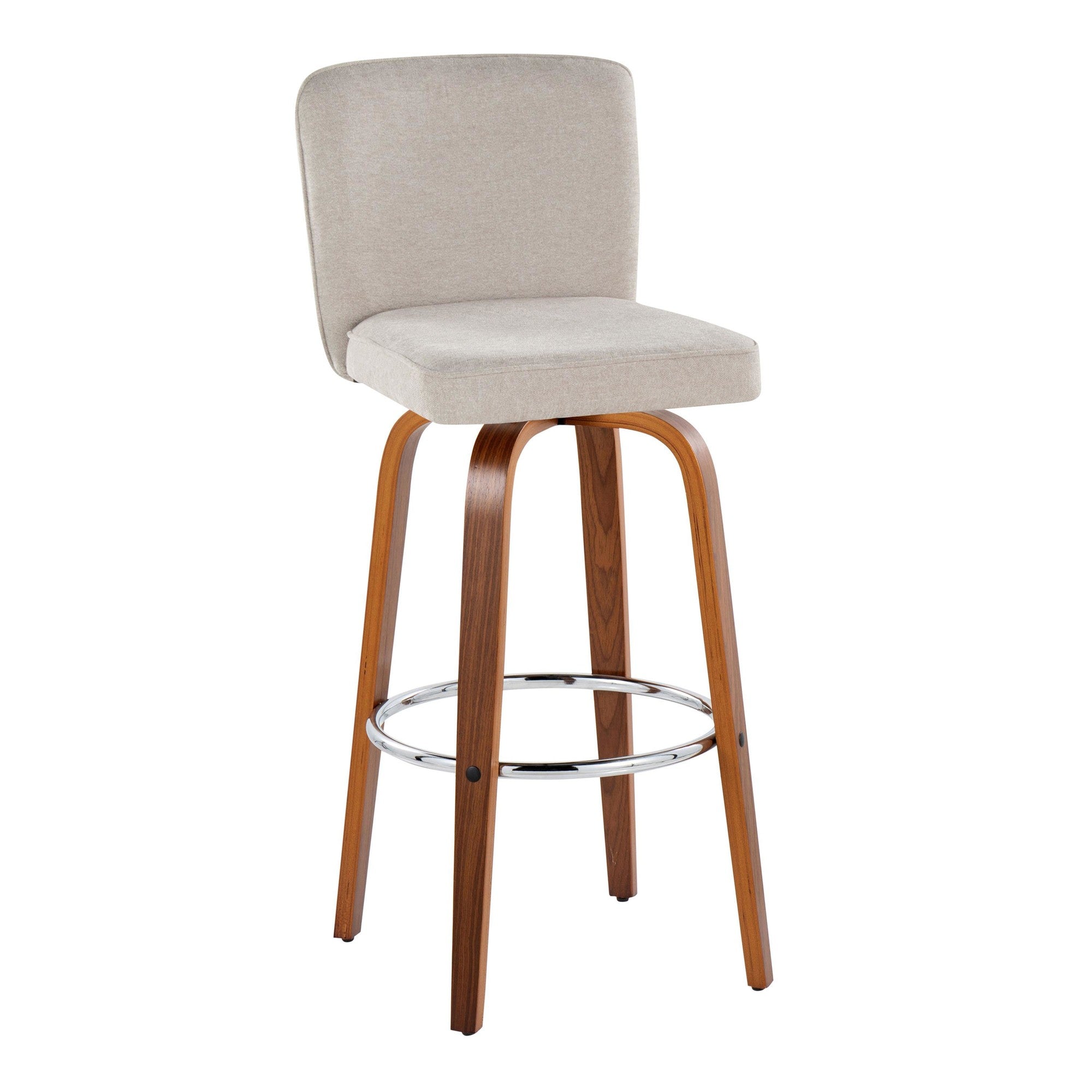 Henry 30" Fixed-Height Barstool - Set of 2 - Walnut Wood, Beige Fabric, Chrome Metal
