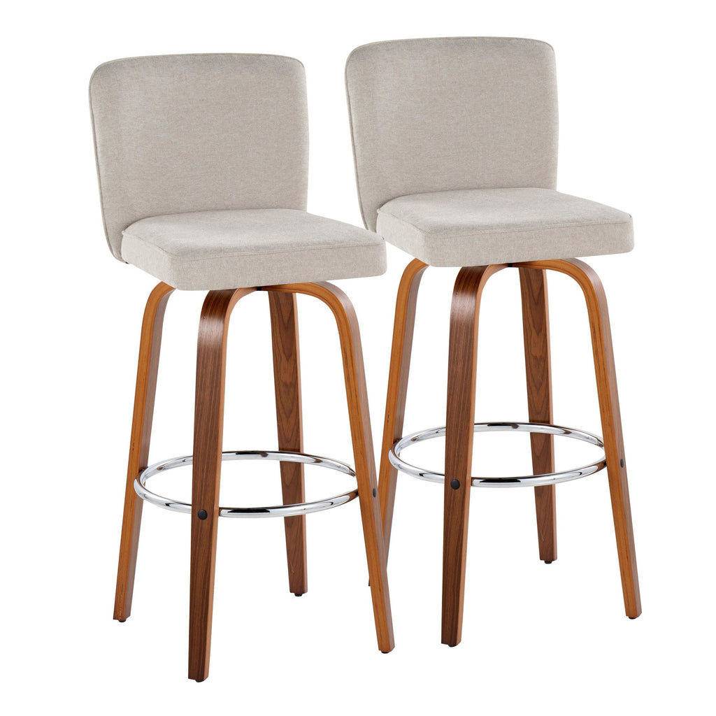Henry 30" Fixed-Height Barstool - Set of 2 - Walnut Wood, Beige Fabric, Chrome Metal