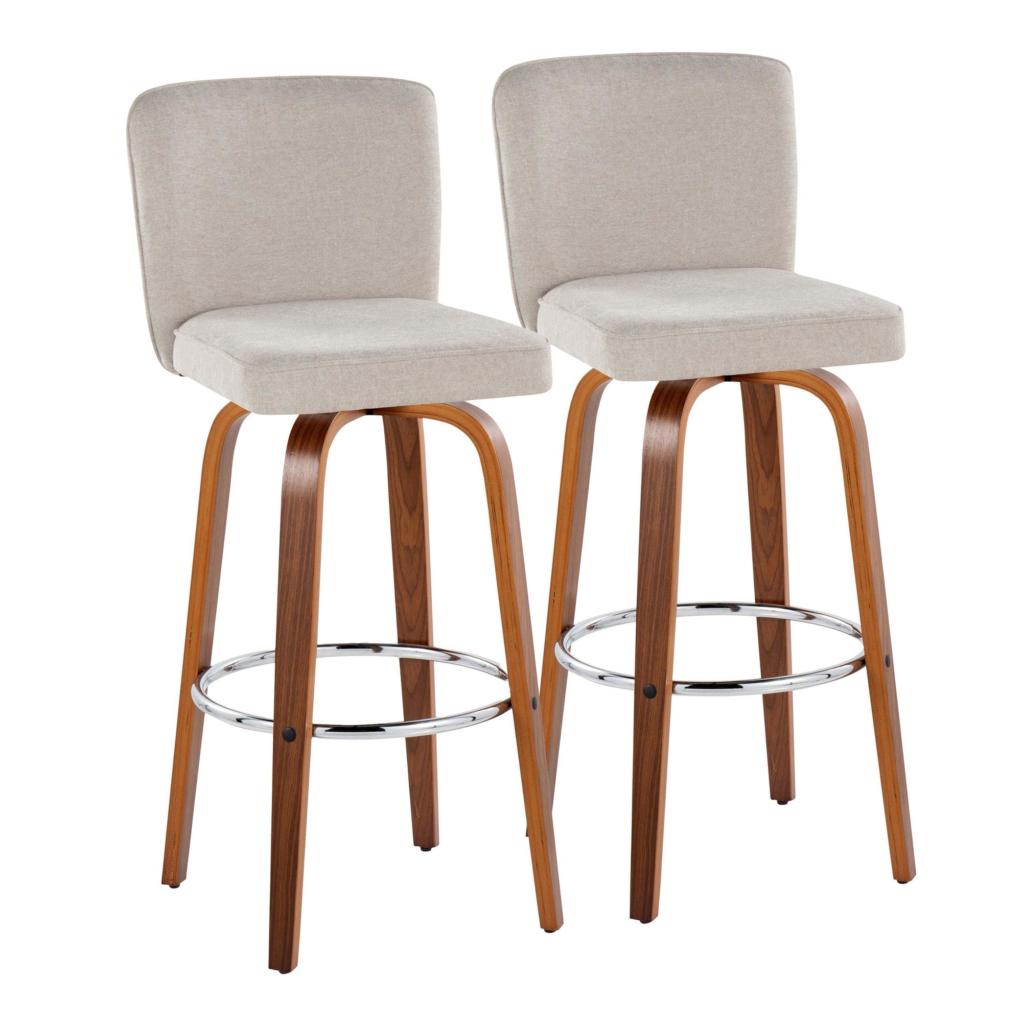 Henry 30" Fixed-Height Barstool - Set of 2 - Walnut Wood, Beige Fabric, Chrome Metal