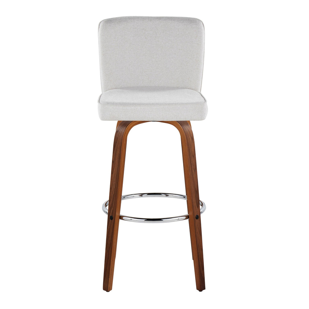 Henry 30" Fixed-Height Barstool - Set of 2 - Walnut Wood, White Fabric, Chrome Metal