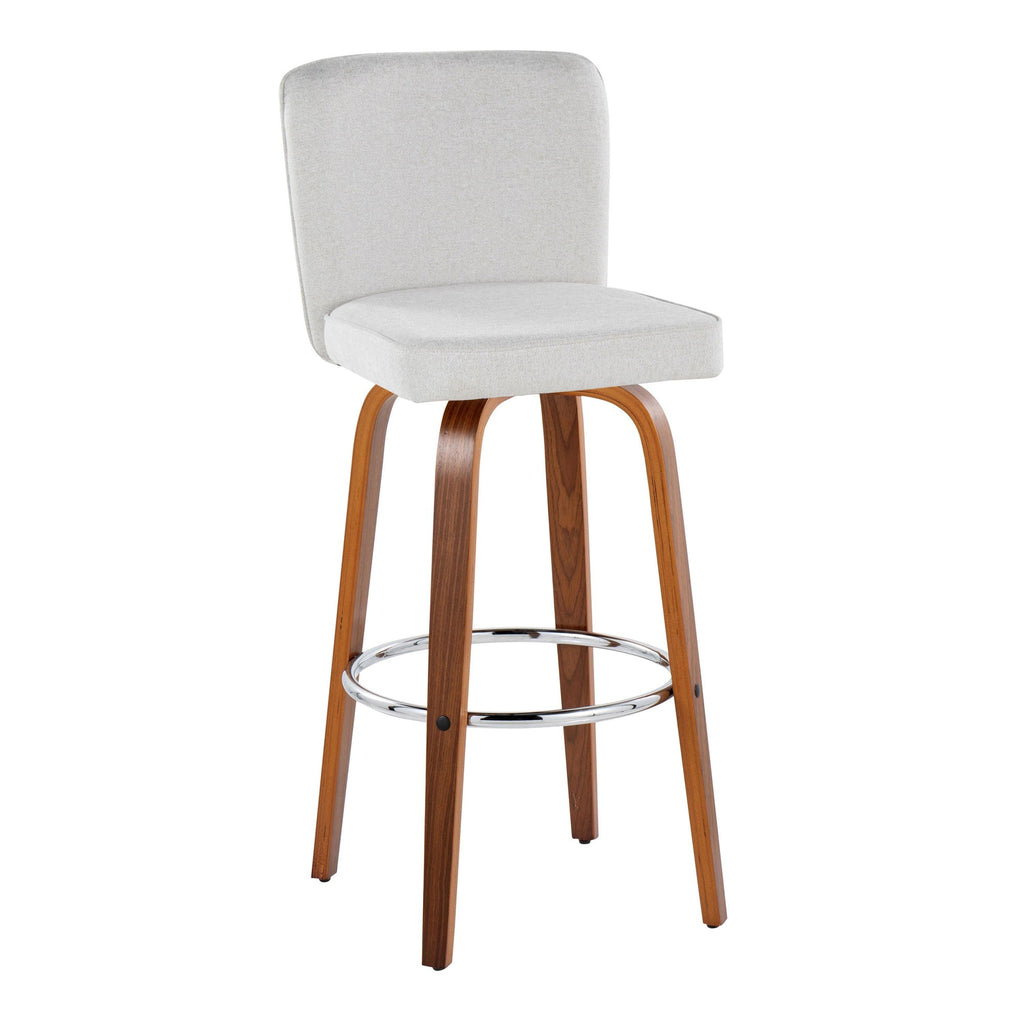 Henry 30" Fixed-Height Barstool - Set of 2 - Walnut Wood, White Fabric, Chrome Metal