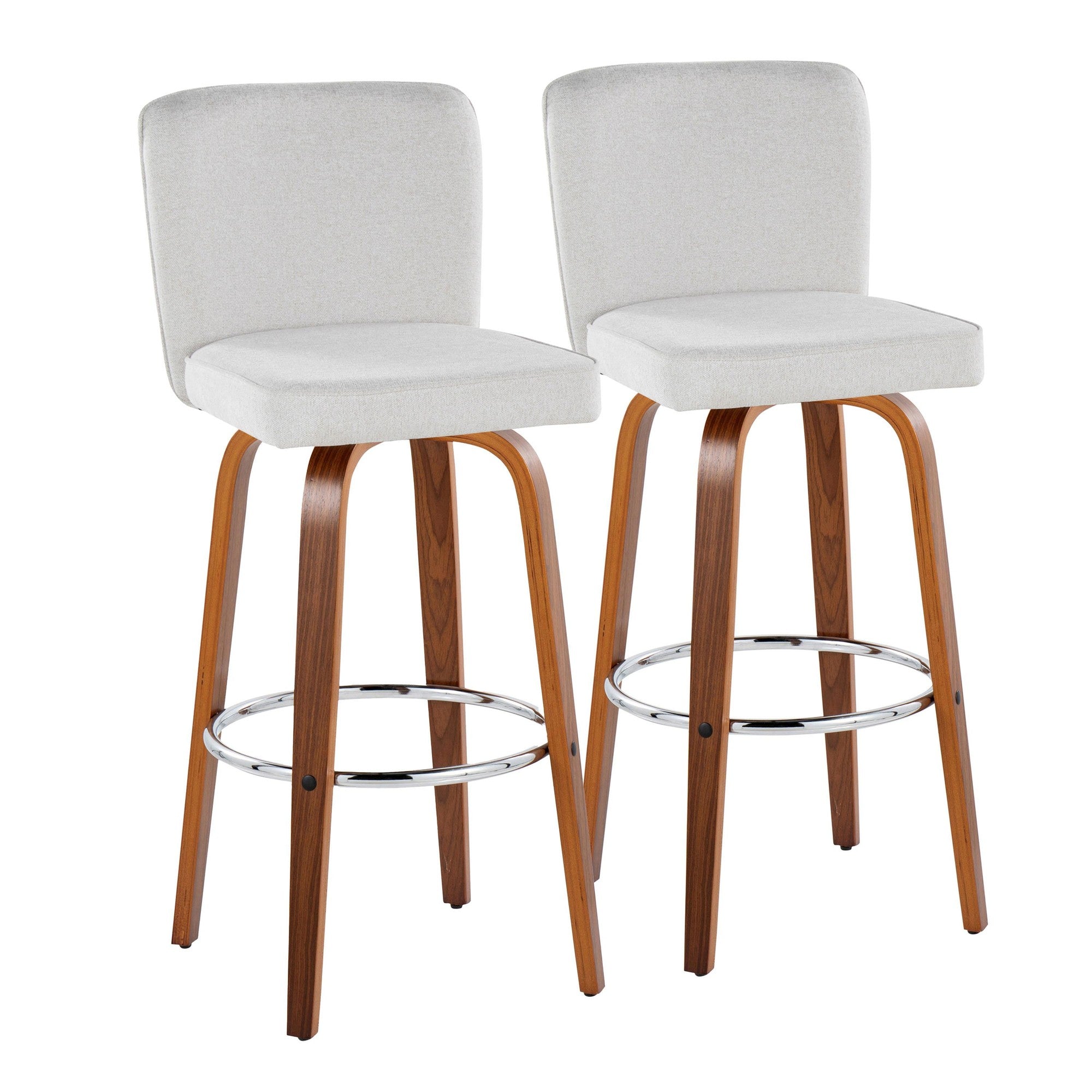 Henry 30" Fixed-Height Barstool - Set of 2 - Walnut Wood, White Fabric, Chrome Metal