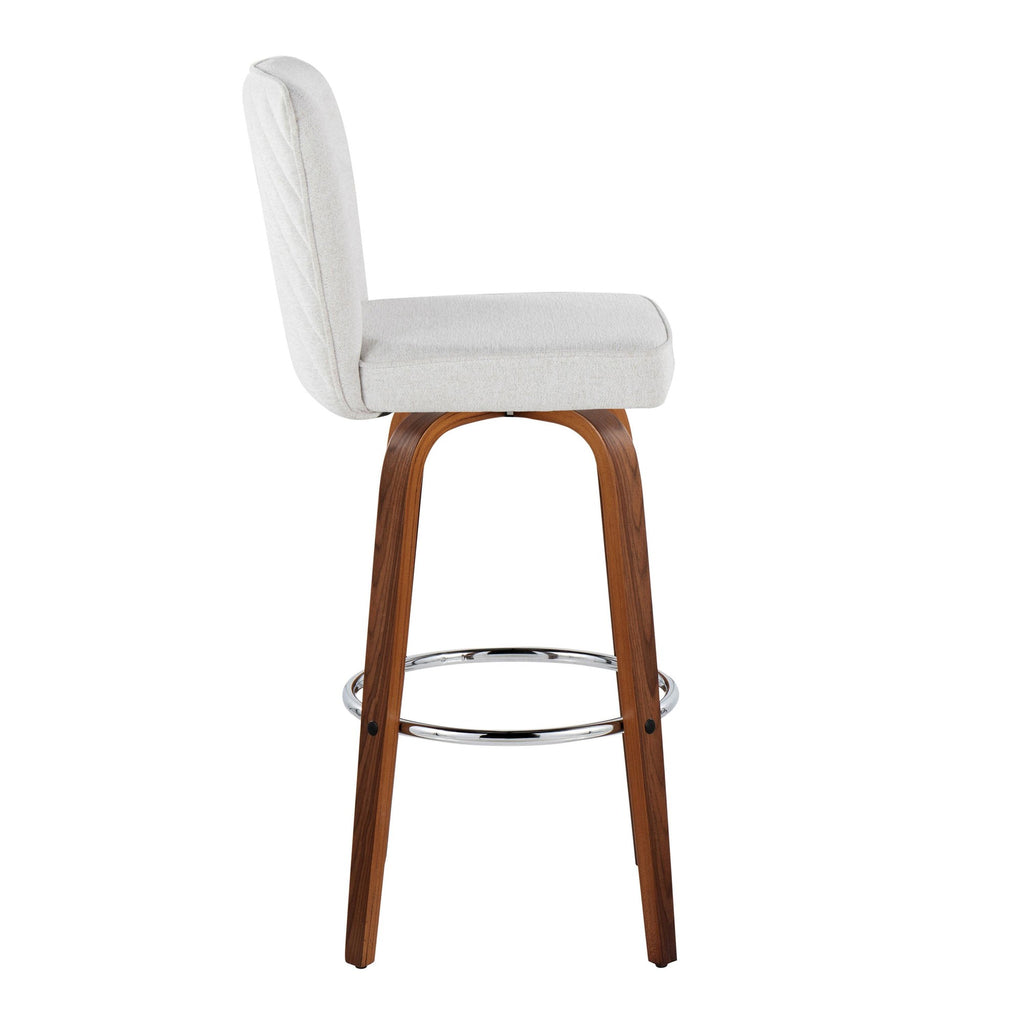 Henry 30" Fixed-Height Barstool - Set of 2 - Walnut Wood, White Fabric, Chrome Metal