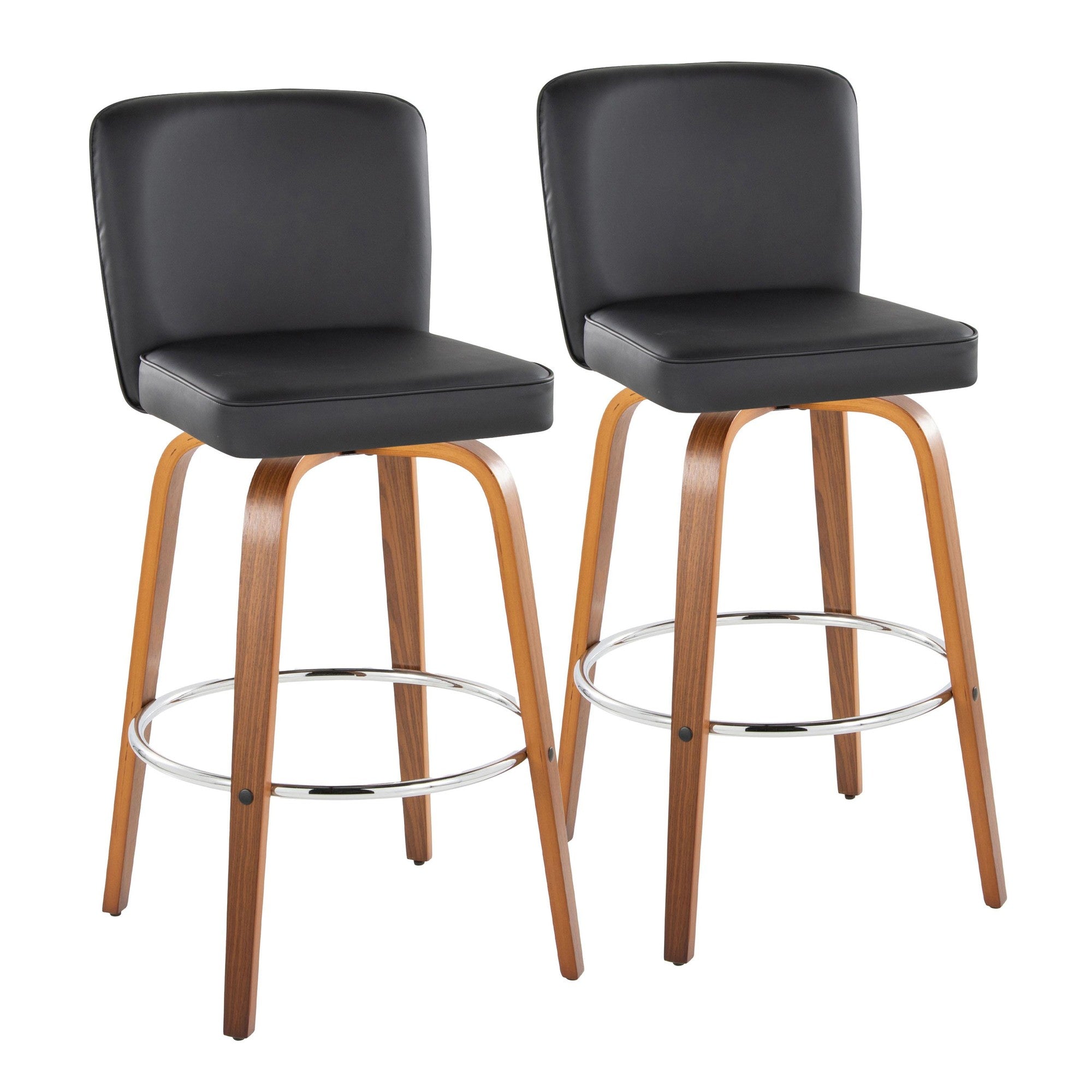 Henry 30" Fixed-Height Xl Barstool - Set of 2 - Walnut Wood, Black PU, Chrome Metal