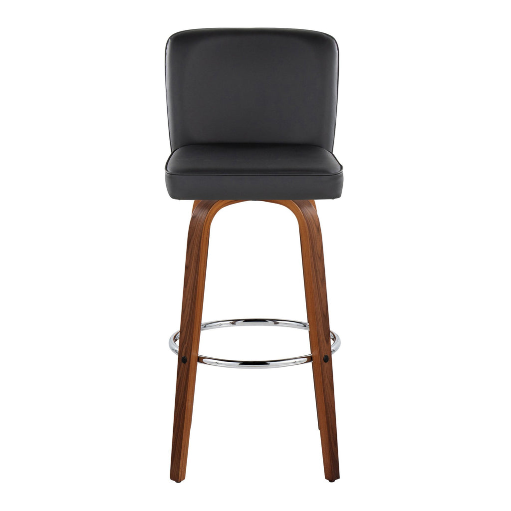Henry 30" Fixed-Height Barstool - Set of 2 - Walnut Wood, Black PU, Chrome Metal
