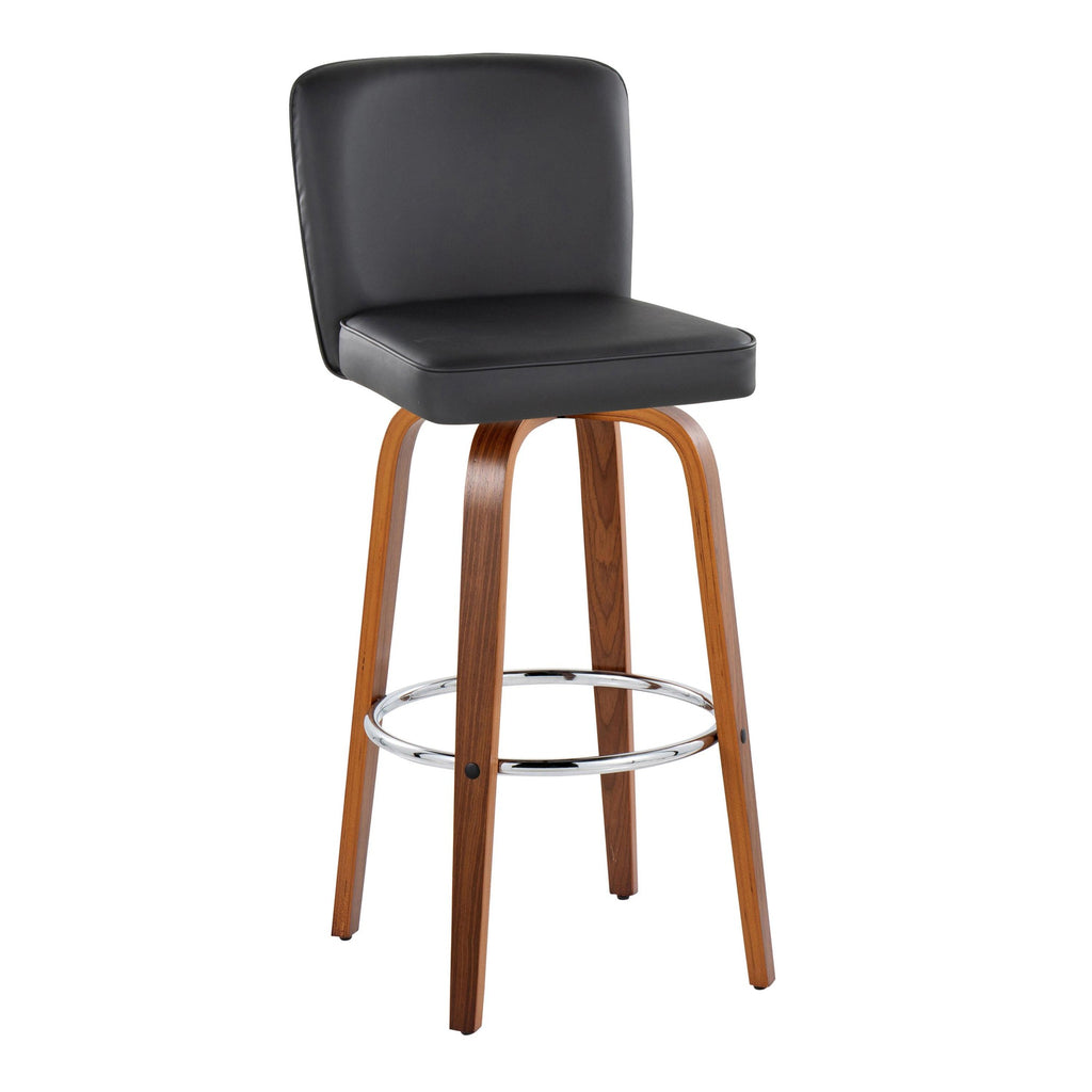 Henry 30" Fixed-Height Barstool - Set of 2 - Walnut Wood, Black PU, Chrome Metal
