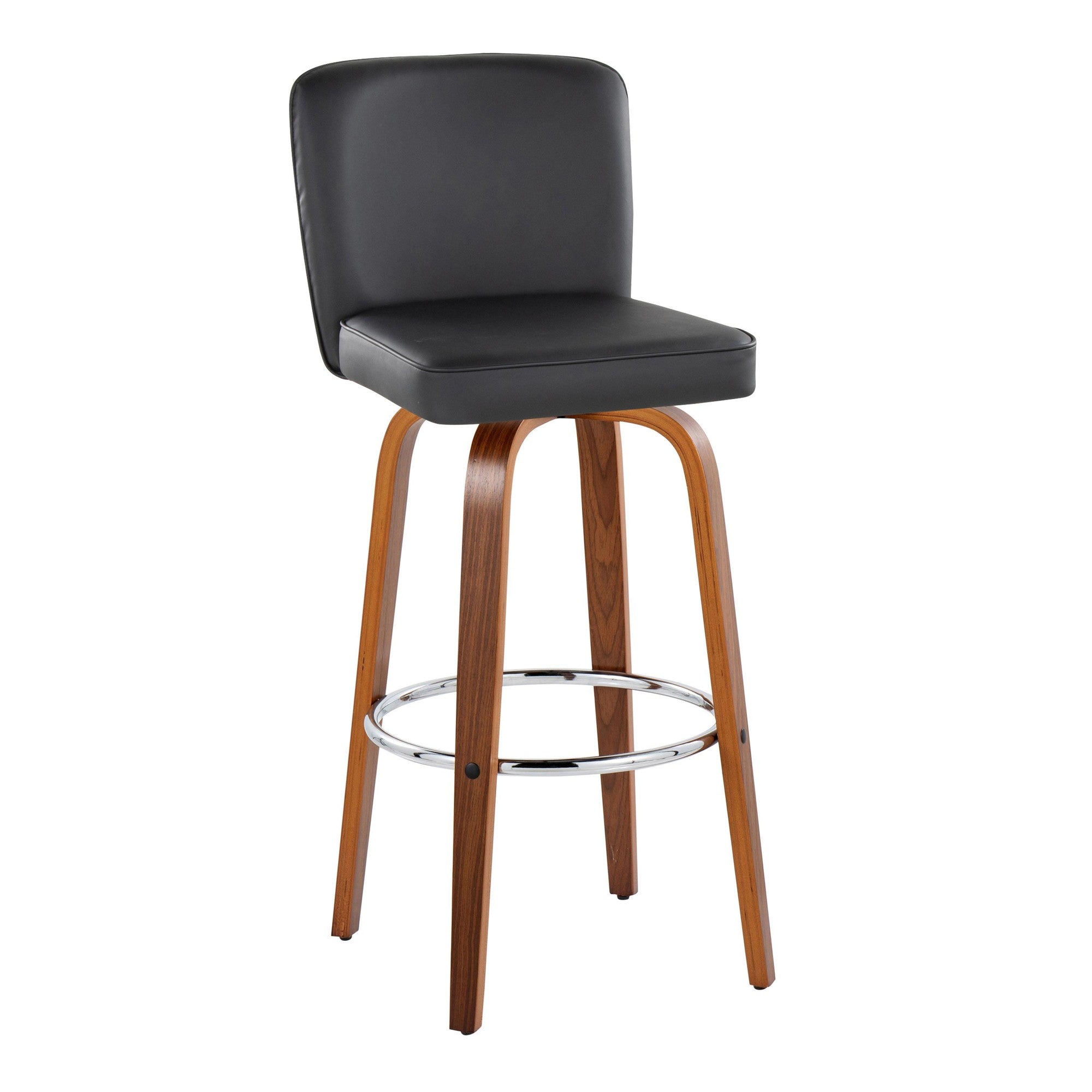 Henry 30" Fixed-Height Barstool - Set of 2 - Walnut Wood, Black PU, Chrome Metal