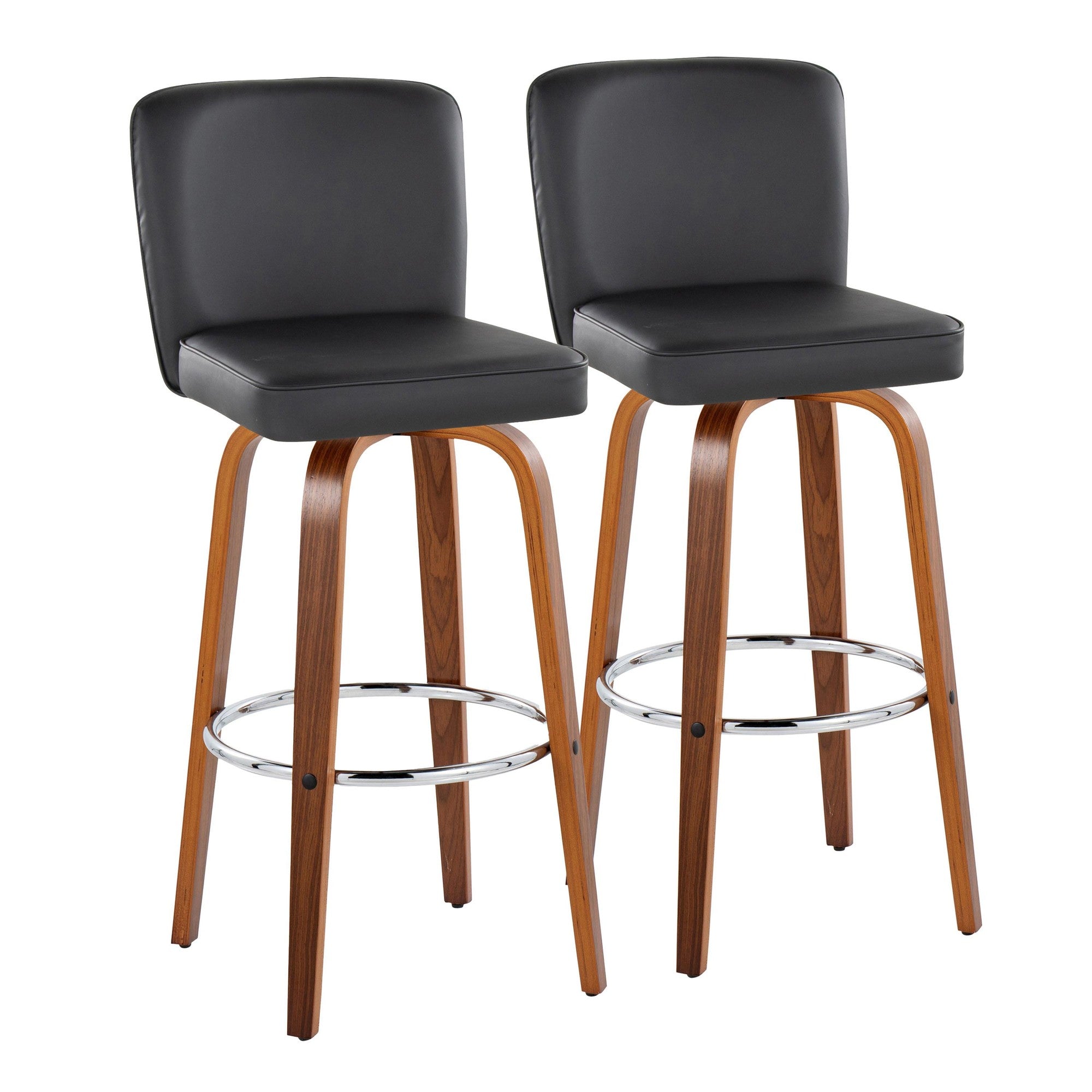 Henry 30" Fixed-Height Barstool - Set of 2 - Walnut Wood, Black PU, Chrome Metal