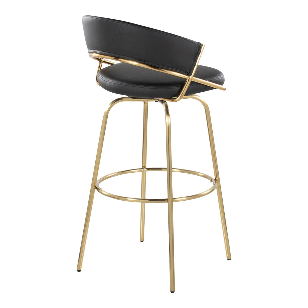 Jie 30" Fixed-Height Barstool - Set of 2 - Gold Metal, Gold Metal, Black PU
