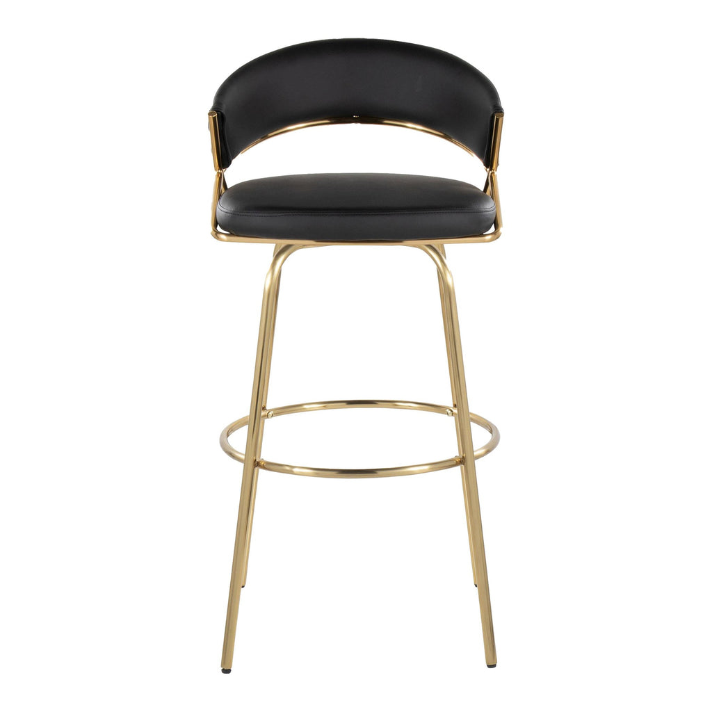 Jie 30" Fixed-Height Barstool - Set of 2 - Gold Metal, Gold Metal, Black PU